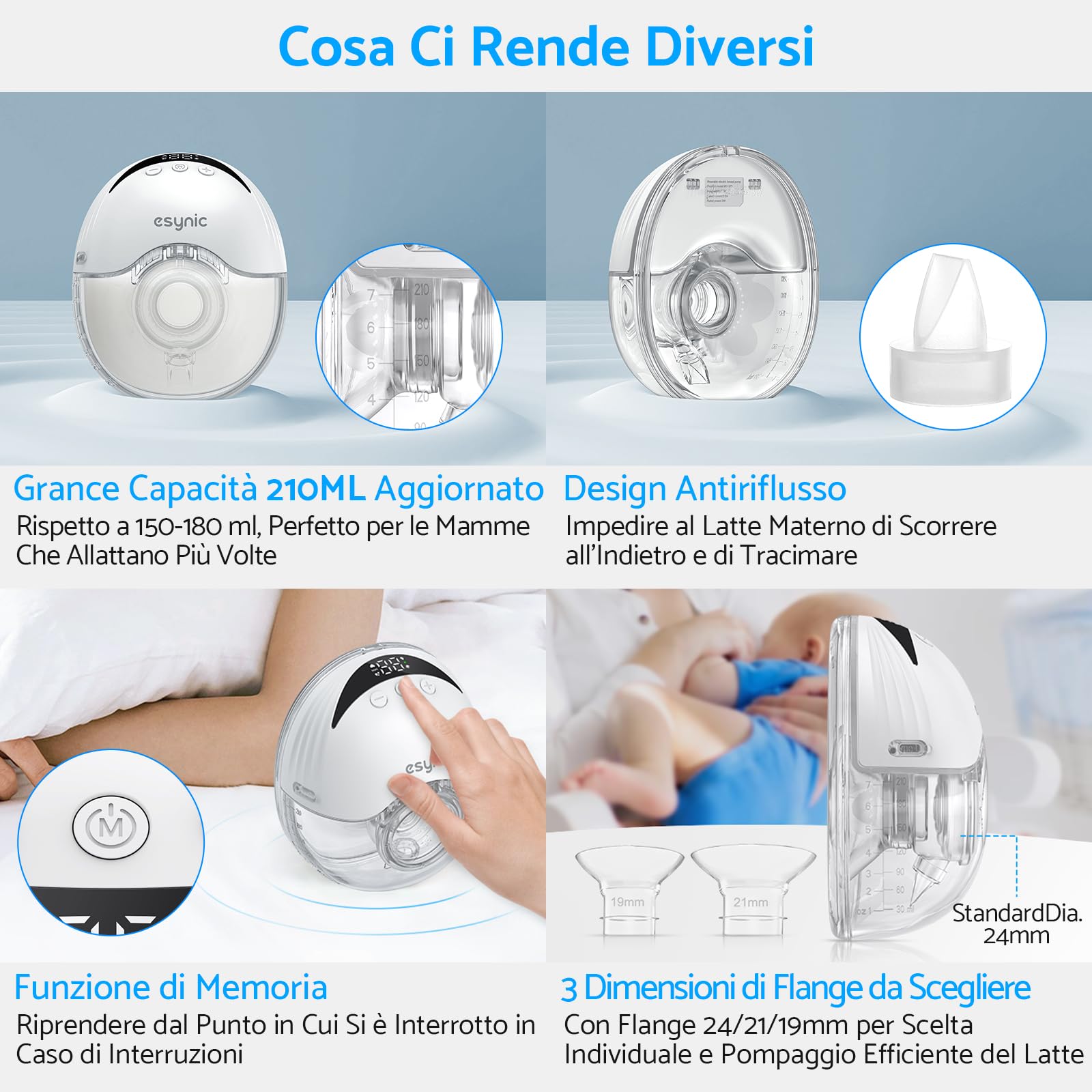 eSynic 2PZ Tiralatte Elettrico Indossabile 210ML, 4 Modalità 12 Livelli, LED Display, 2x Pompa per Allattamento Ricaricabile con Frange 19/21/24mm, Tira Latte Portatile Antiriflusso Senza BPA - Bianco