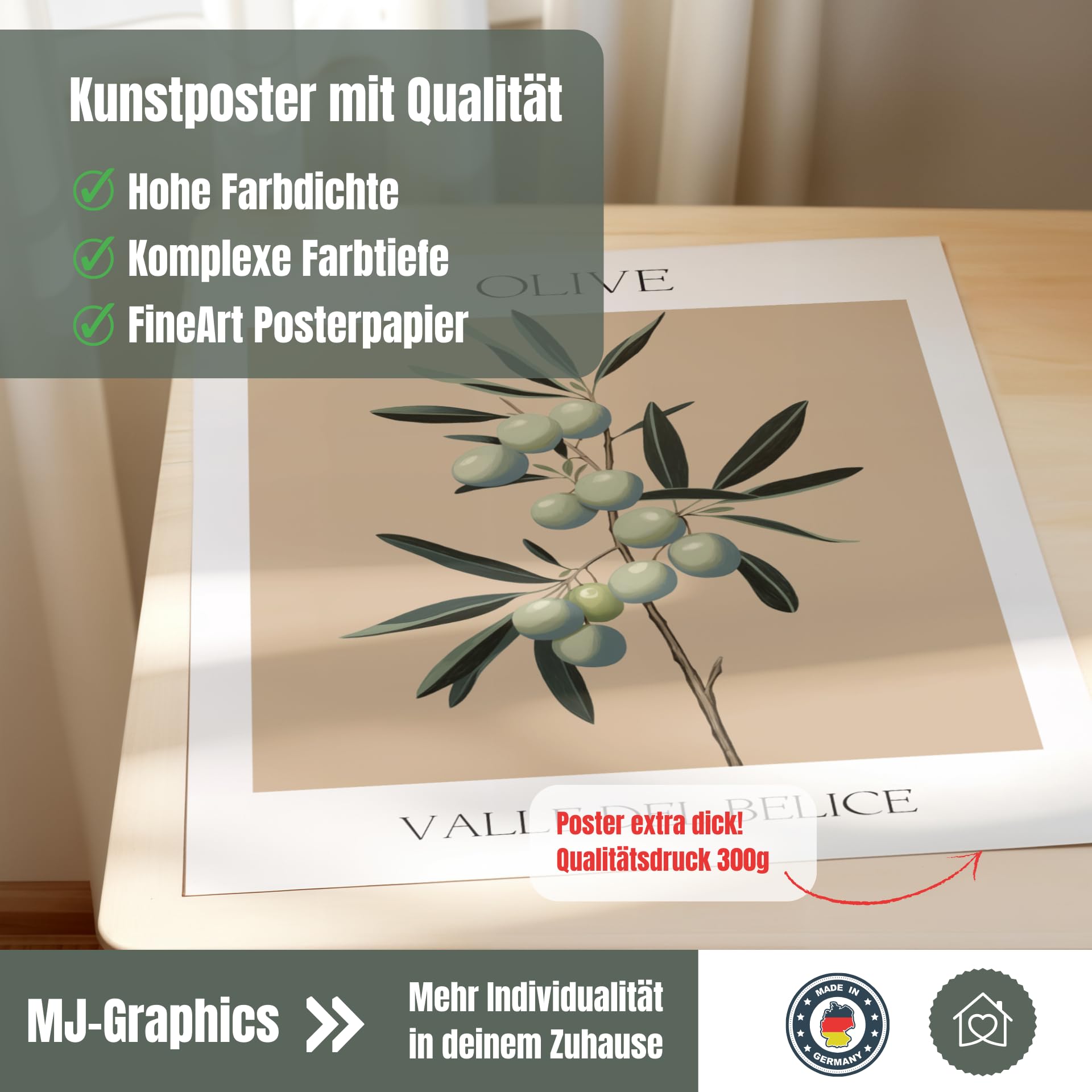 MJ-GRAPHICS® Olivenzweig Poster Natur Wandbild Deko A2 mit braunem Rahmen