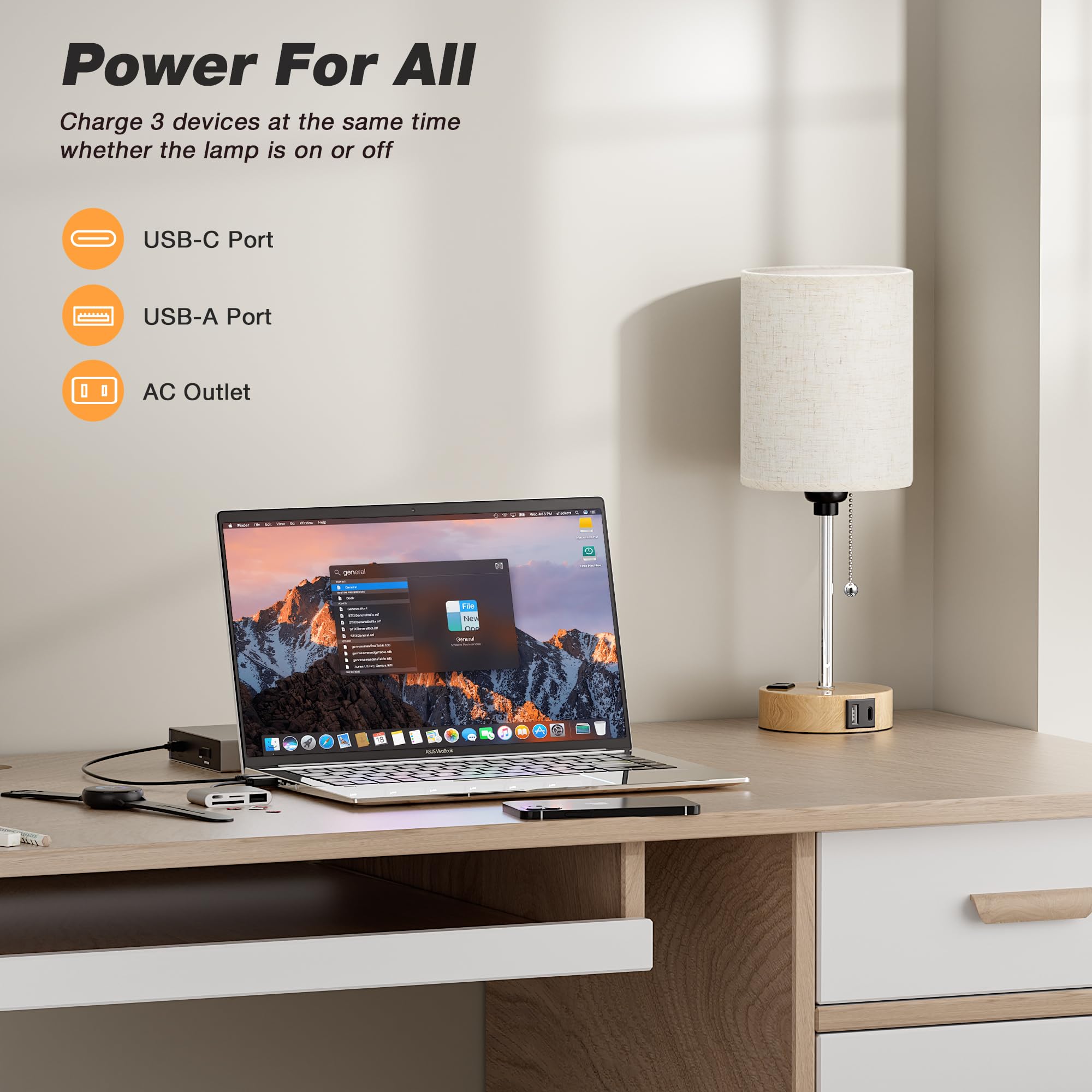 Lámpara de noche pequeña para mesita de noche de dormitorio, lámpara de mesa con puerto USB C y A, lámparas de cama de cadena con salida de CA, base de madera, luces de mesita de noche para lectura de 3