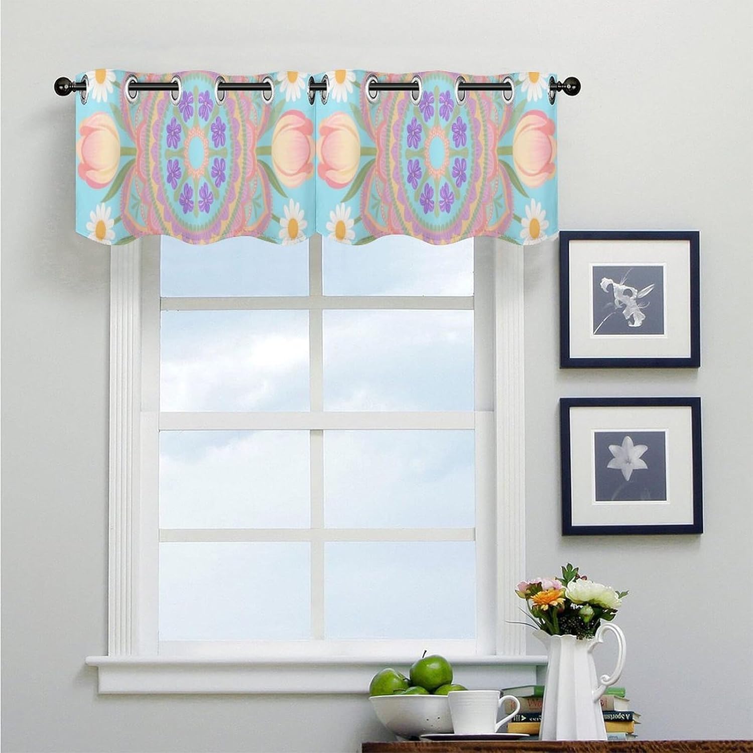 Bohemian Mandala Flower Valance for Windows, 2 Pack Kitchen Curtains Modern Home Decor, Soft Blackout Window Curtains for Living Room & Bedroom, 18 X 52 Inch