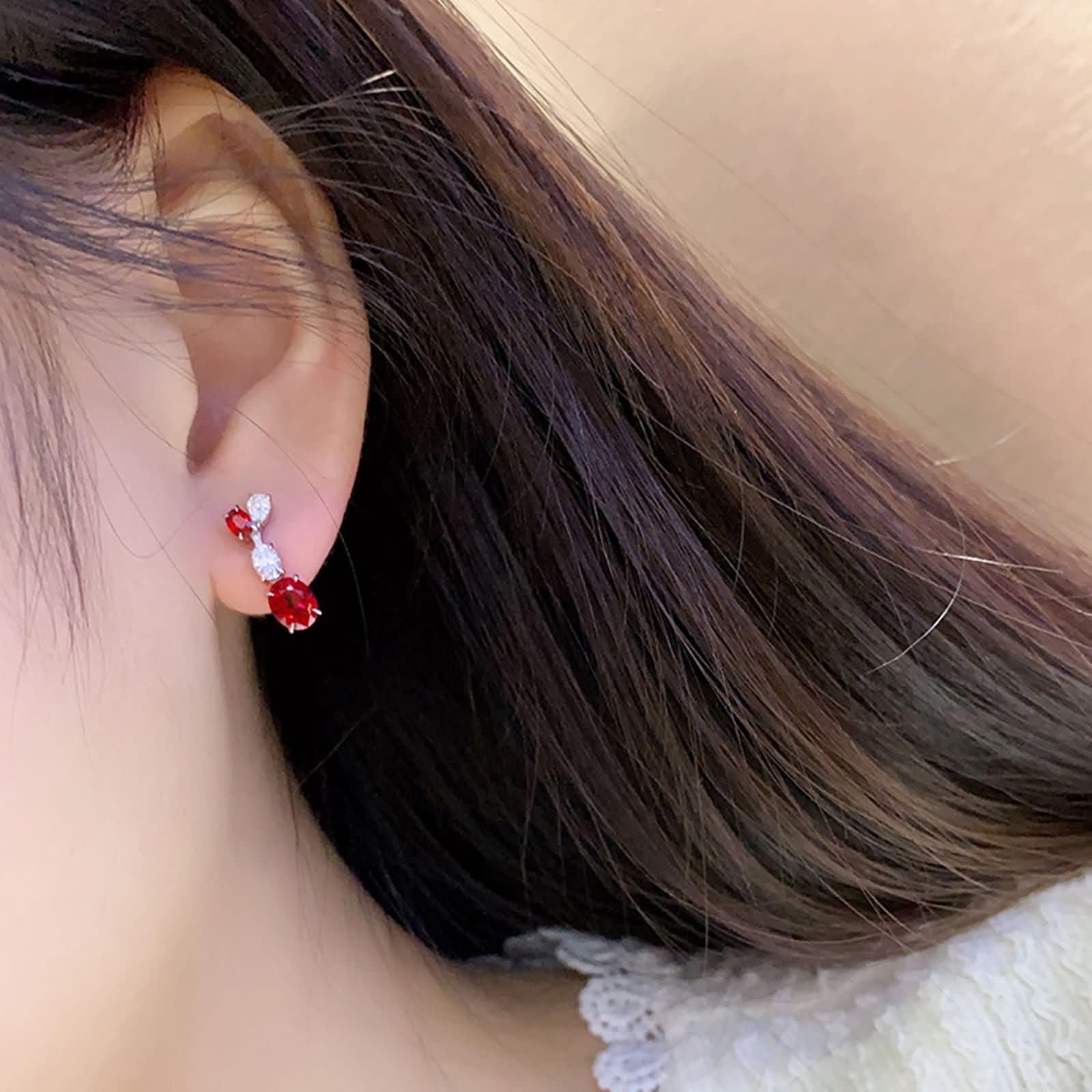 Ohrringe Hochzeit Damen 9K / 14K / 18K Weißgold, Oval mit Erstellter Rubin 1,916 Karat und Moissanit, Frauen Ohrringe Ohrstecker Silber Rot