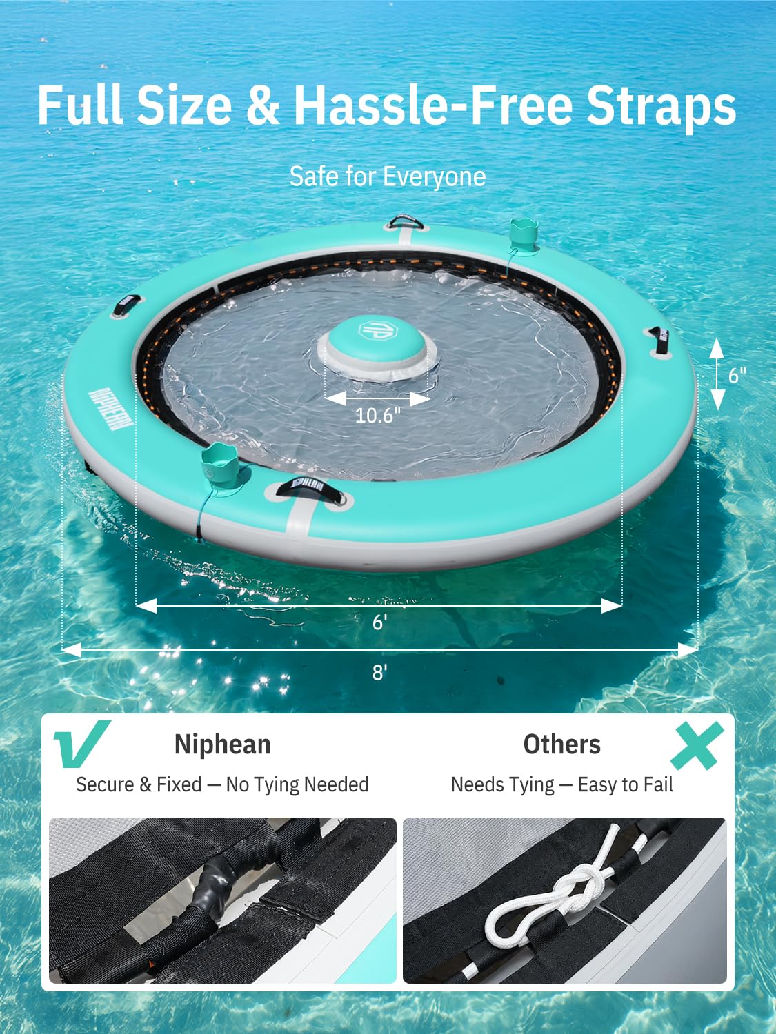Niphean Aufblasbare Wasserhängematte, 8FT Schwimminsel mit aufblasbarem Unterstützungs-Pod für Erwachsene & Kinder, Schwerbelastbares Rundes Schwimmendes Dock für See, Fluss und Sonnenschwimmbecken