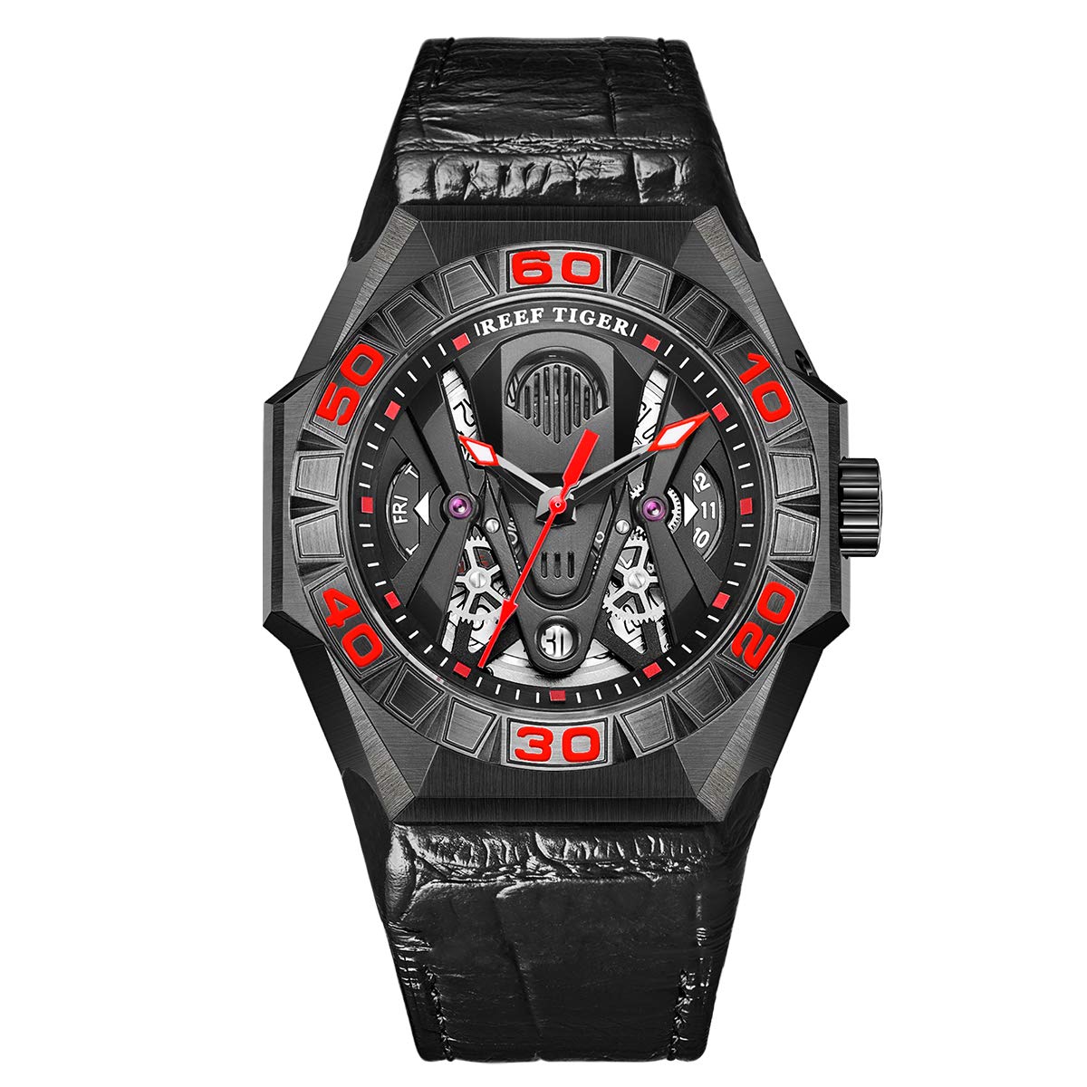 Reef TigerLimited Watch Men Automatic Mechanical All Black Skeleton Watches for Men Waterproof Rubber Strap RGA6912, RGA6912-BBRL, Mechanical