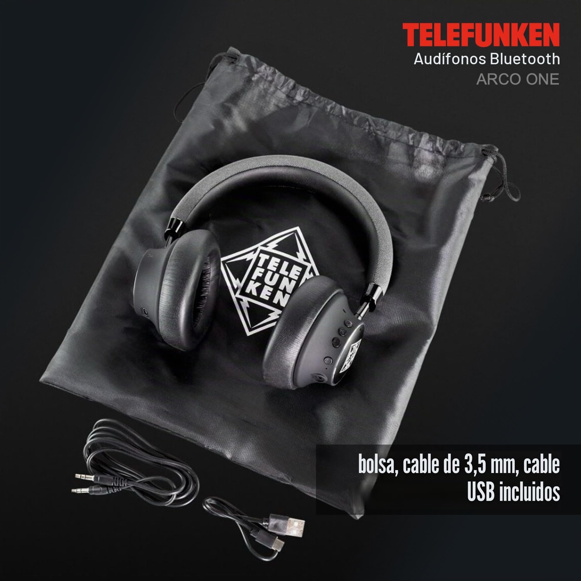 TELEFUNKEN ARCO ONE Auriculares Bluetooth Over-Ear con ANC y micrófono, Multipoint, 30 h de batería (22 h con ANC), controladores de 40 mm, 32 Ω, AUX/3,5 mm y USB-C, IPX3, 220 g, almohadillas
