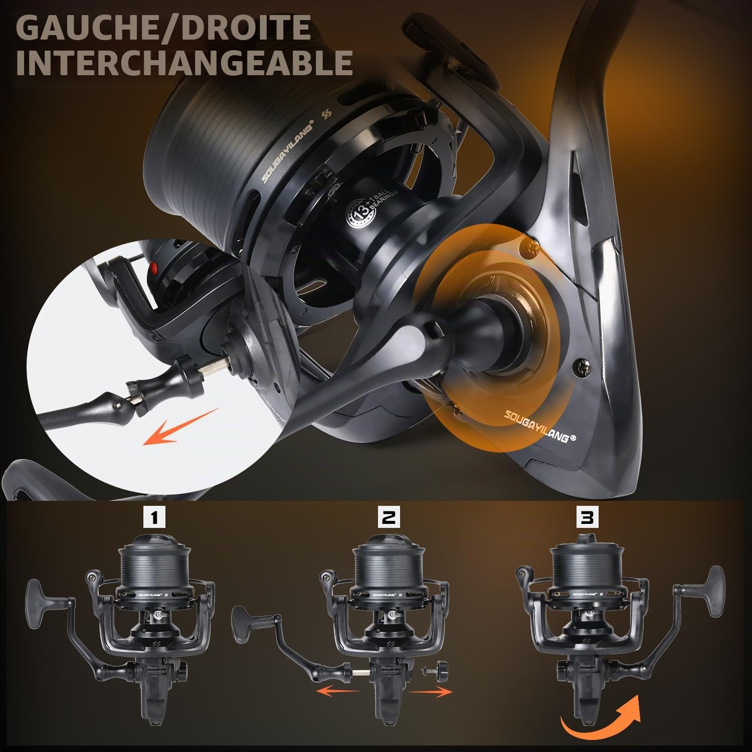Sougayilang FED5000 Moulinet de pêche Feeder – 13+1 roulements à billes, rapport de transmission 4,7:1, système anti-torsion et rotor équilibré, bobine en aluminium avec bobine de rechange et double