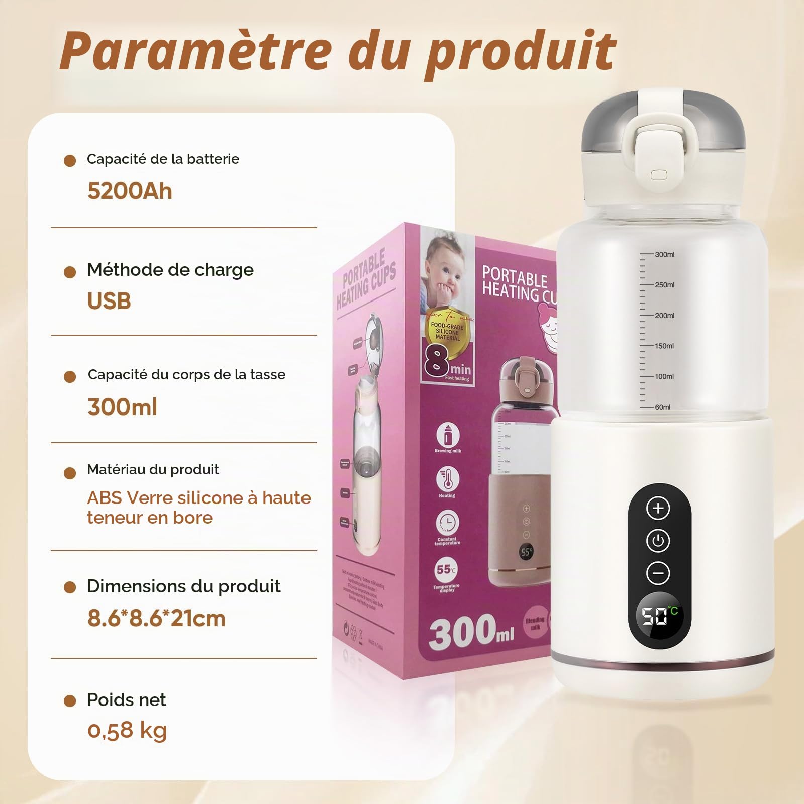 QCXWCJWD Chauffe Biberon Nomade Portable Température Réglable 37 à 55°C, 300ml Chauffe de Lait avec Ecran LCD, Chauffe biberon sans BPA pour Voyage Promenades Voiture, Blanc