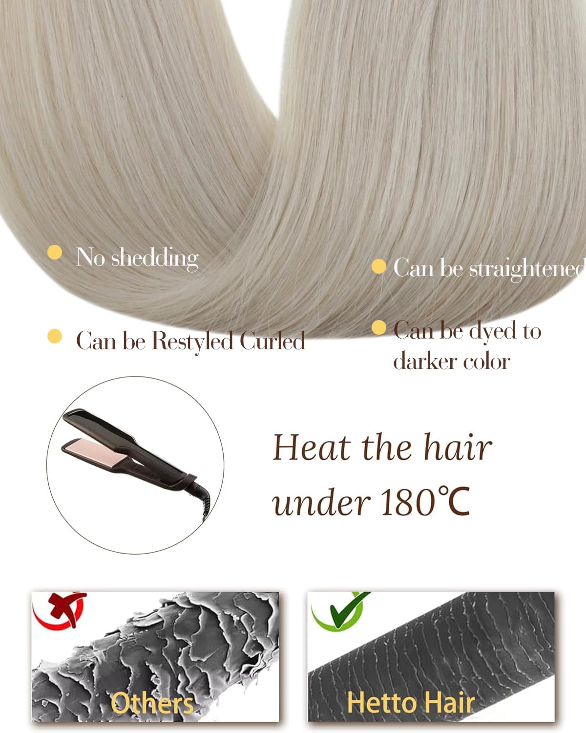 Hetto Nano Hair Extensions Real Human Hair Blonde - Invisible Nano Rings Hair Extension, Platinum Blonde Nano Beads Remy Hair Straight Fashion Styling for Party 50 strands 50 g 14 Inch #60 - 5