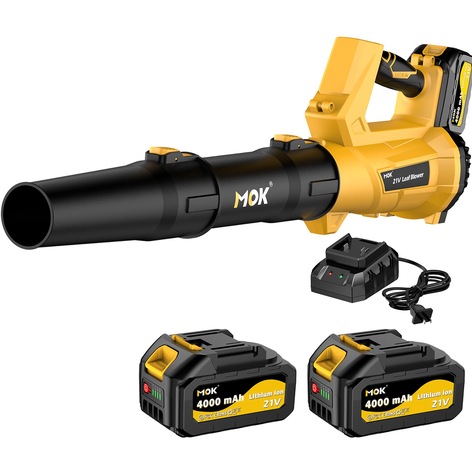 MOK Soplador de hojas inalámbrico, motor sin escobillas de 560 CFM/150 MPH, soplador de hojas eléctrico inalámbrico con 2 baterías de 21 V 4.0 Ah y cargador, 3 velocidades variables, soplador para