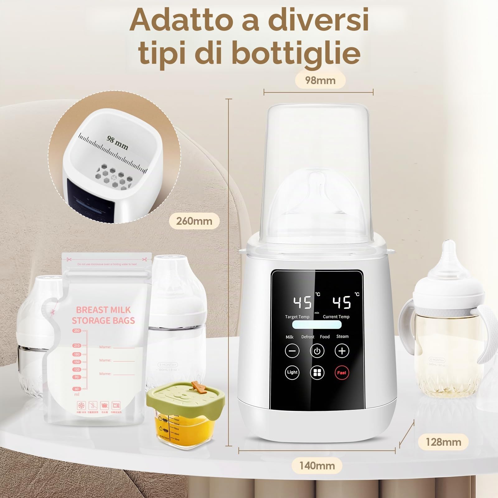 Scaldabiberon e Sterilizzatore 2 in 1, 6-in-1 Multifunzione per Biberon, Scalda e Scongela Biberon, Riscaldatore Di Alimenti Per Bambini con Modalità Rapida e Spegnimento Automatico