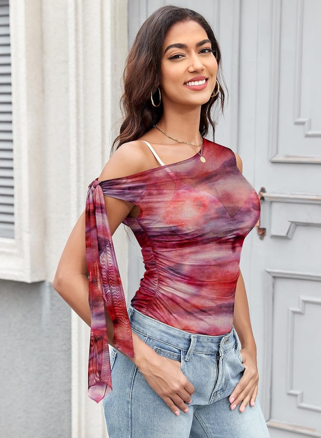 Pink Queen Women Summer Mesh Sheer Tops Self Tie Off The Shoulder Sexy Going Out T Shirts Blouse 2026 - Image 5