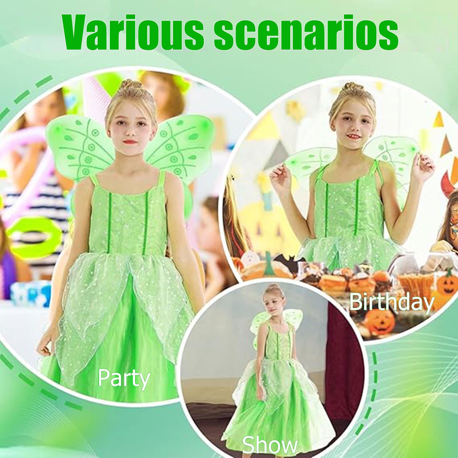 Ailes De Fée Lumineuses Pour Filles - Déguisement Papillon/Ange Avec Diadème Et Baguette Magique - Vert
