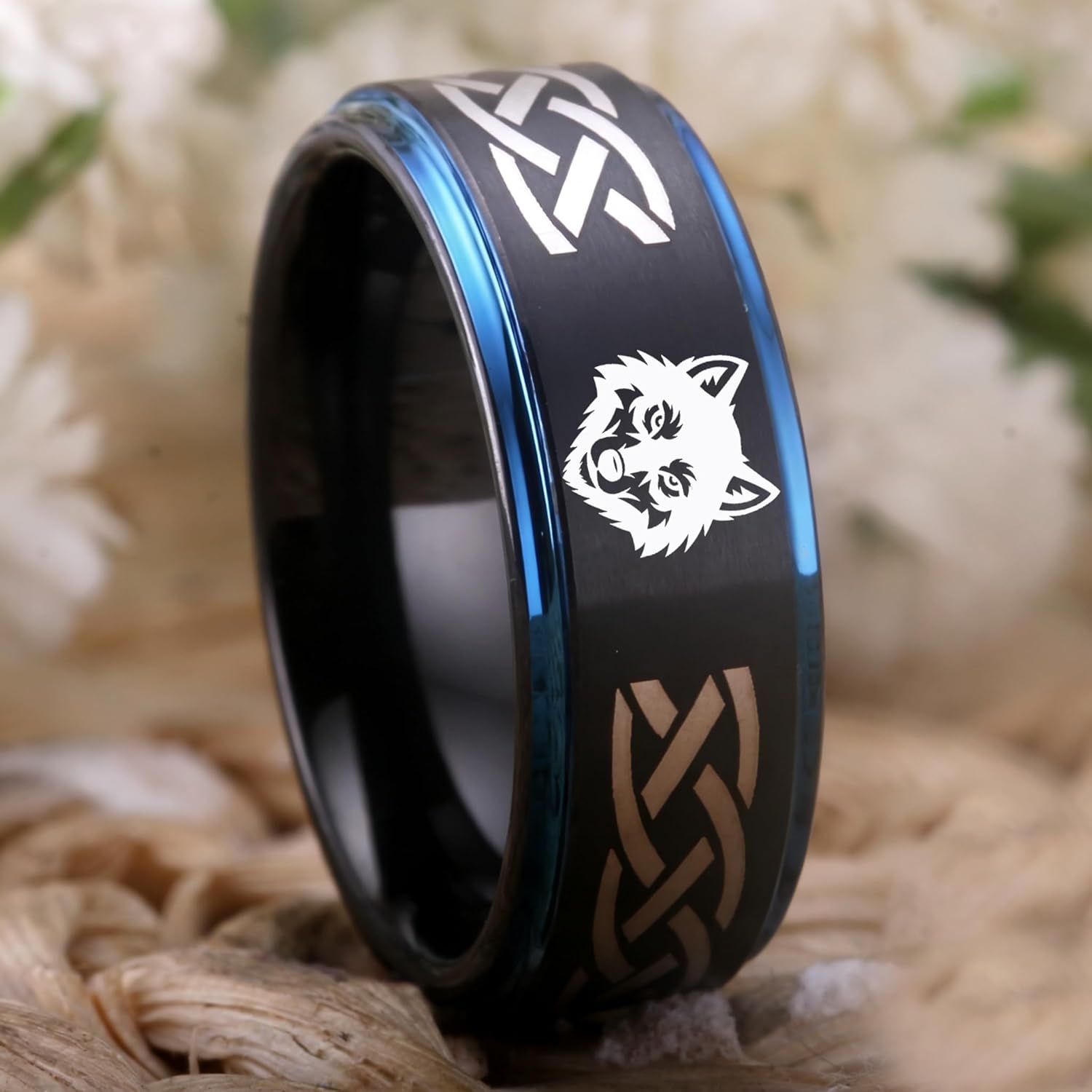 CLOUD DANCER 8mm Tungsten Carbide Ring | Celtic Knot & Wolf Head Engraved Wedding Band | Comfort Fit Promise Ring for Men | Scratch Resistant & Durable - FREE Custom Engraving