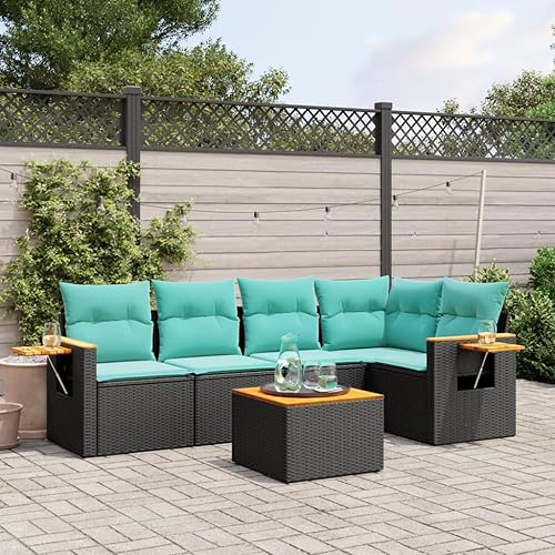 6 Piece Patio Sofa Set with Cushions, Black Poly Rattan