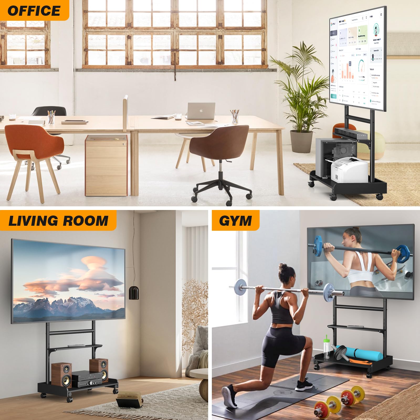 TVON Support TV sur Pied pour Téléviseur de 40-86 Pouce Ecran LED LCD Plasma, Support TV roulettes avec Socle en Bois Réglable en Hauteur Chariot TV avec Étagère Jusqu 'à 68 kg Max VESA 600x400 mm