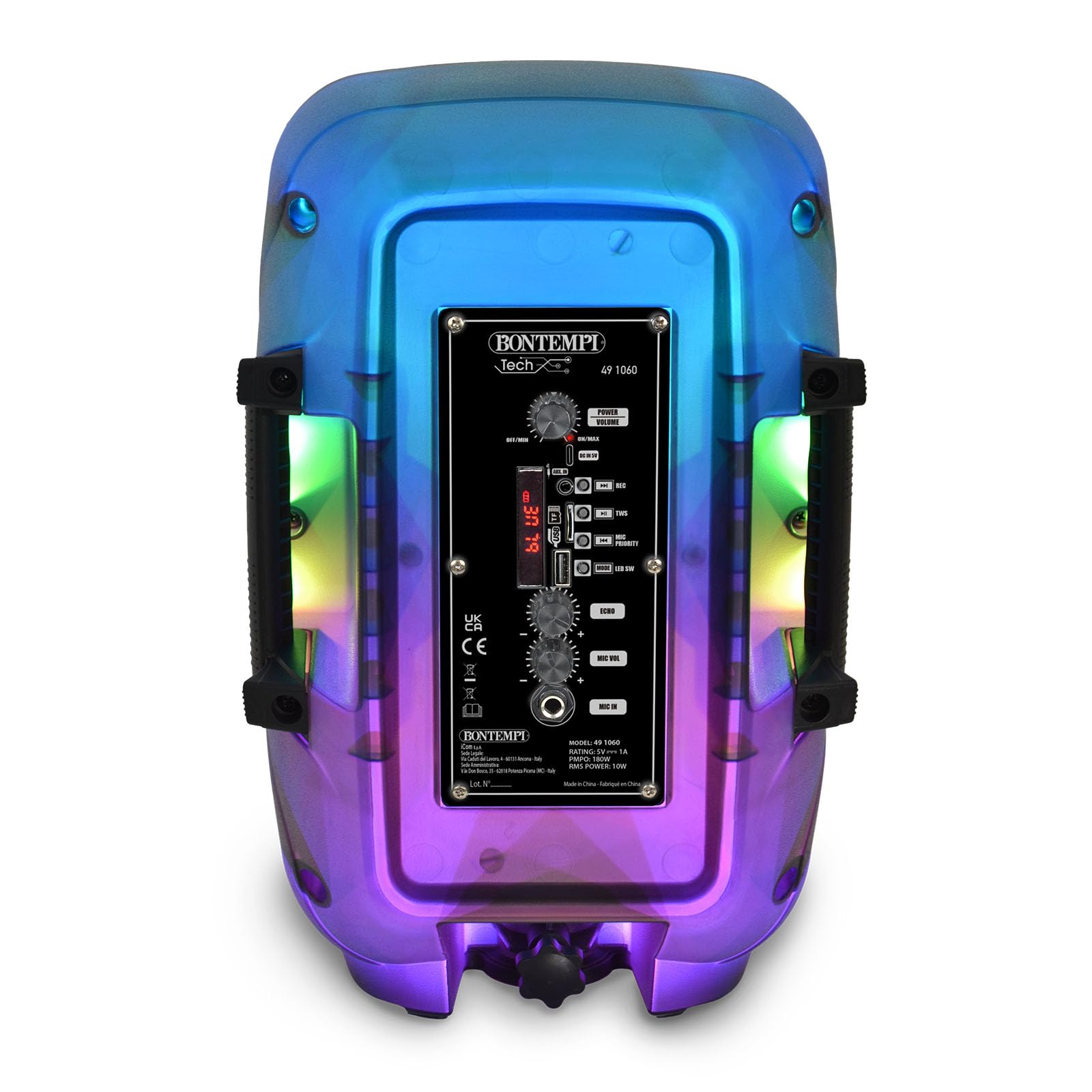 Bontempi | Cassa Luminosa Acustica Wireless con Microfono e Luci RGB, Telecomando, Display, Funzione TWS, 37x24x19.5 cm