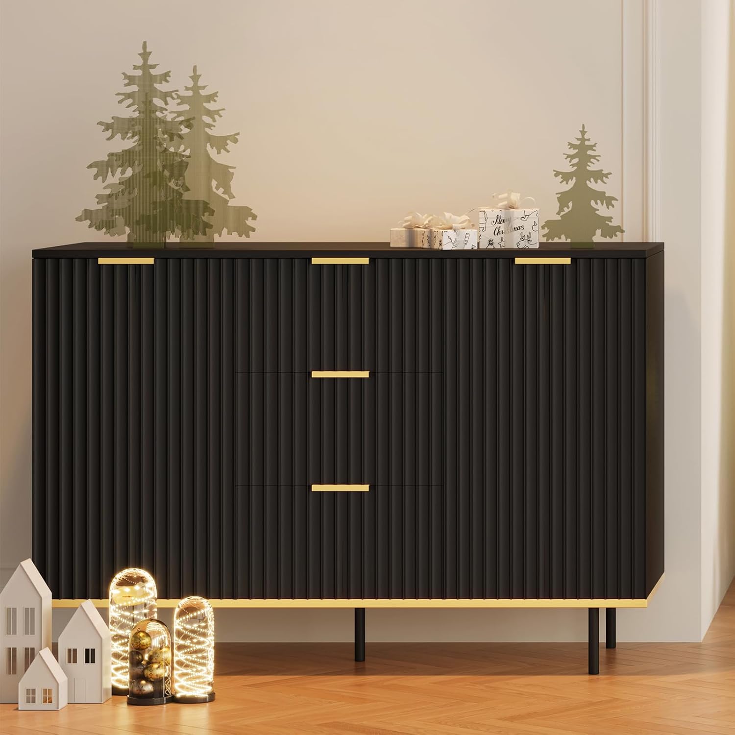 Buffets & Sideboards, Fluted Sideboard Cabinet, 2 Door 3 Drawer Design, Acceent Black Sideboard - Elegant Cabinet Ideal for Dining Room and Kitchen Storage 47.2 inch