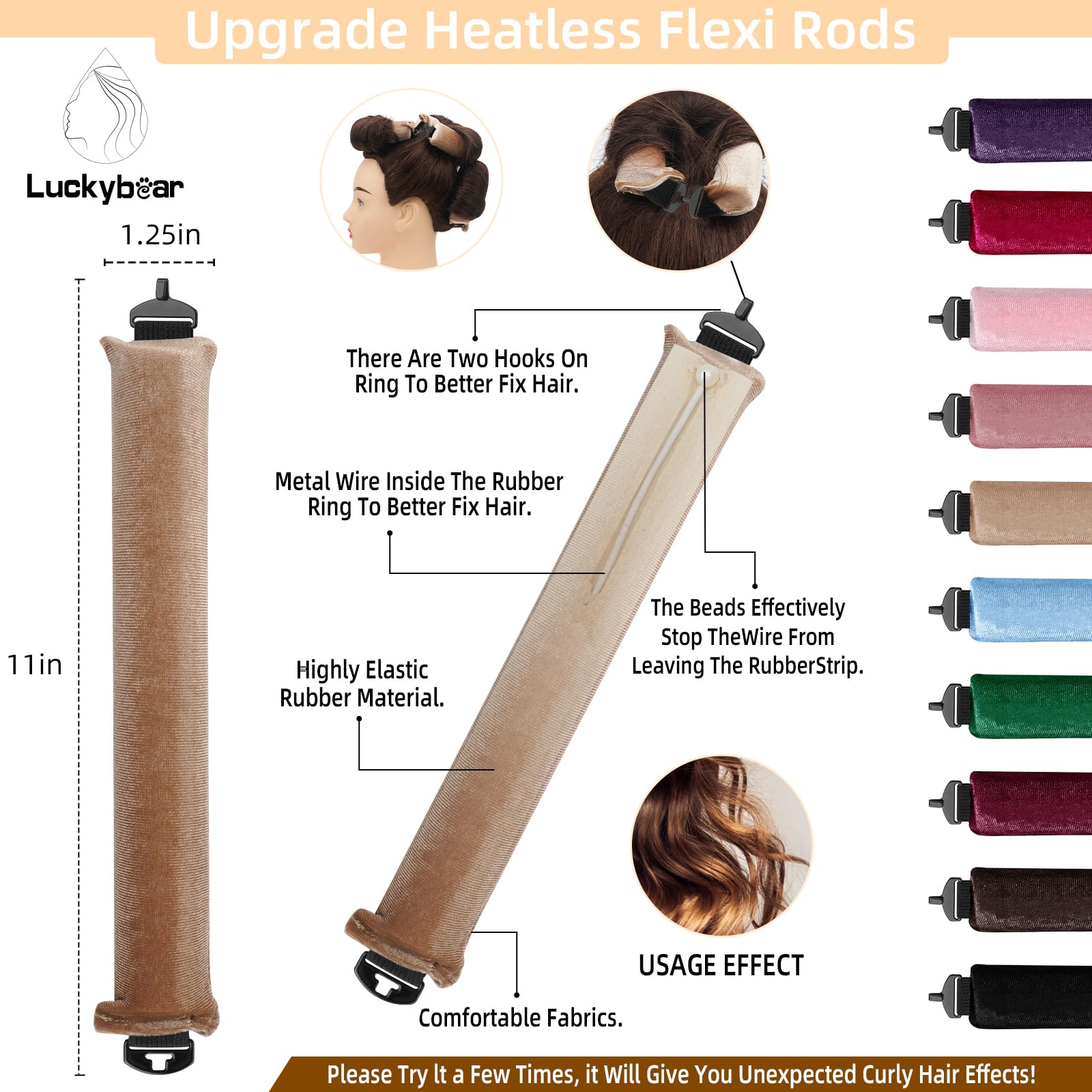 Overnight Heatless Hair Curler Dmuchane Pręty Jumbo, Flexi Pręty do miękkich, bezciepłych loków do spania w nocy, narzędzia do stylizacji 3 szt. khaki