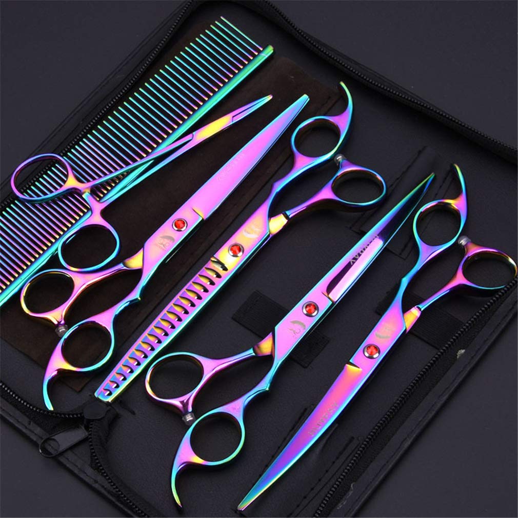 Professional 7.0 Pollici Pet Grooming Forbici Kit, Capelli 6Pcs Pet Trimmer Kit in Acciaio Inox Haircut Tools, per Il Gatto del Cane E più Animali Domestici,Blu