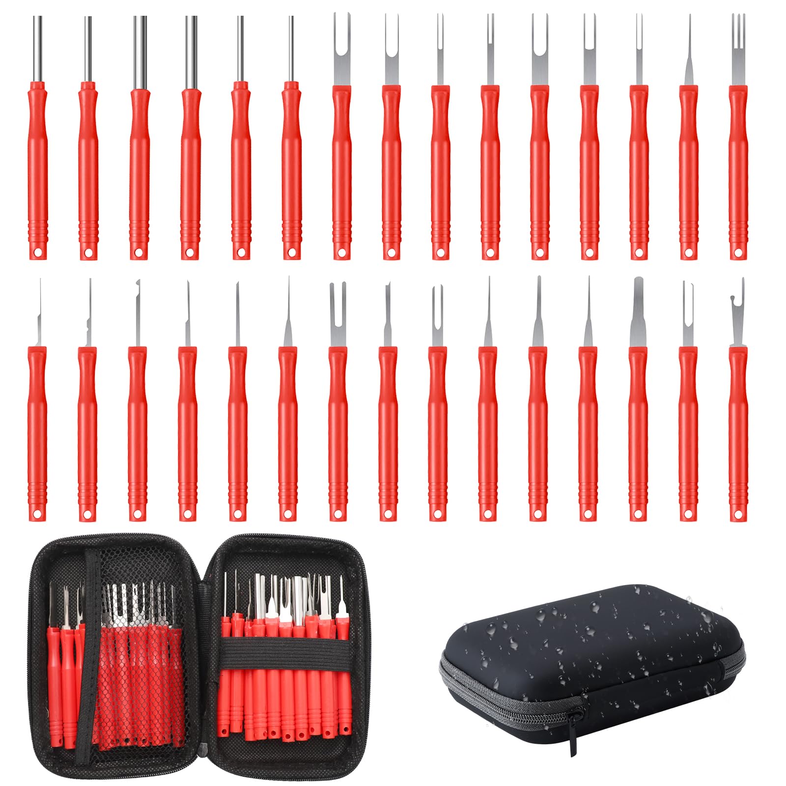 QINGHEC 30 Pcs Terminal Removal Tool Kit, Pin Extractor Tool Set, Key Extractor Tool, Electrical Terminal Depinning Tools with A Protective Bag for Car Connector Terminals (Red-30)