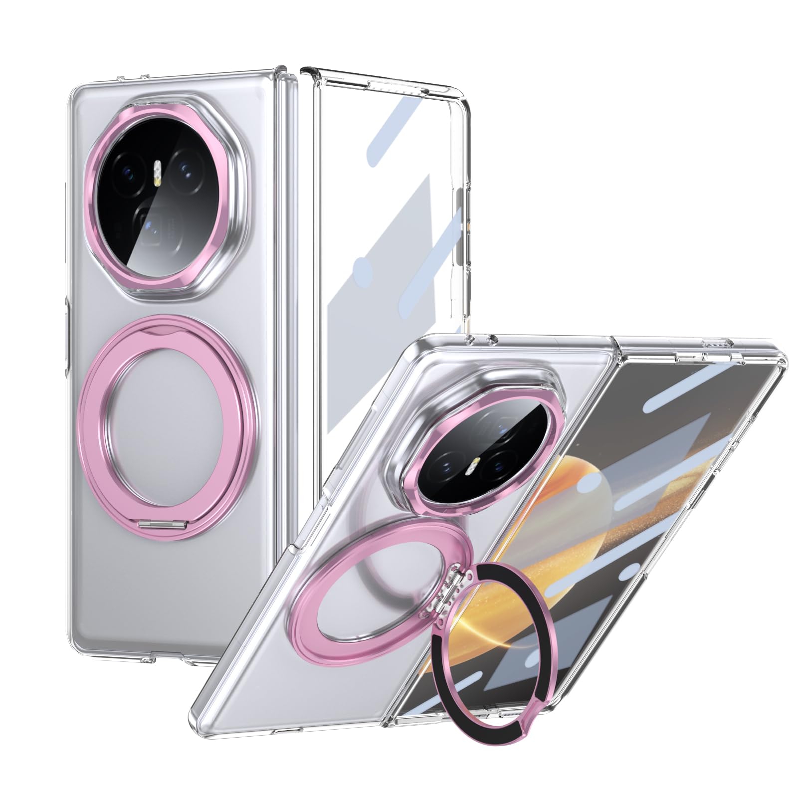 HUOLUNGJIN Custodia a libro compatibile con Honor Magic V3, con protezione schermo integrata, cavalletto girevole a 360°, custodia protettiva antiurto di grado militare, trasparente (rosa