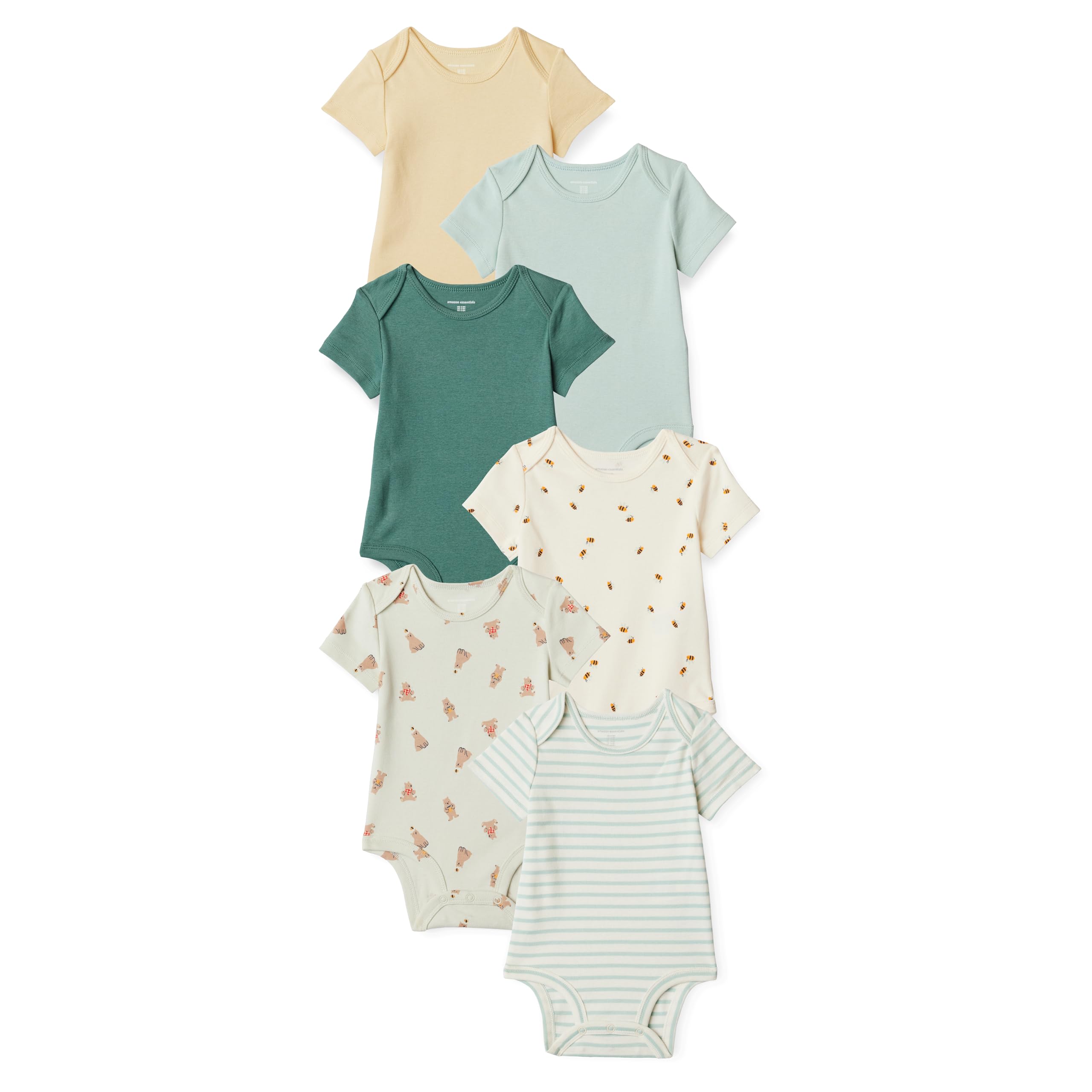 Amazon Essentials Unisex Babies' Short Sleeve Cotton Baby Bodysuits (Vests), Pack of 6, Multicolor/ Honey, 0 Months