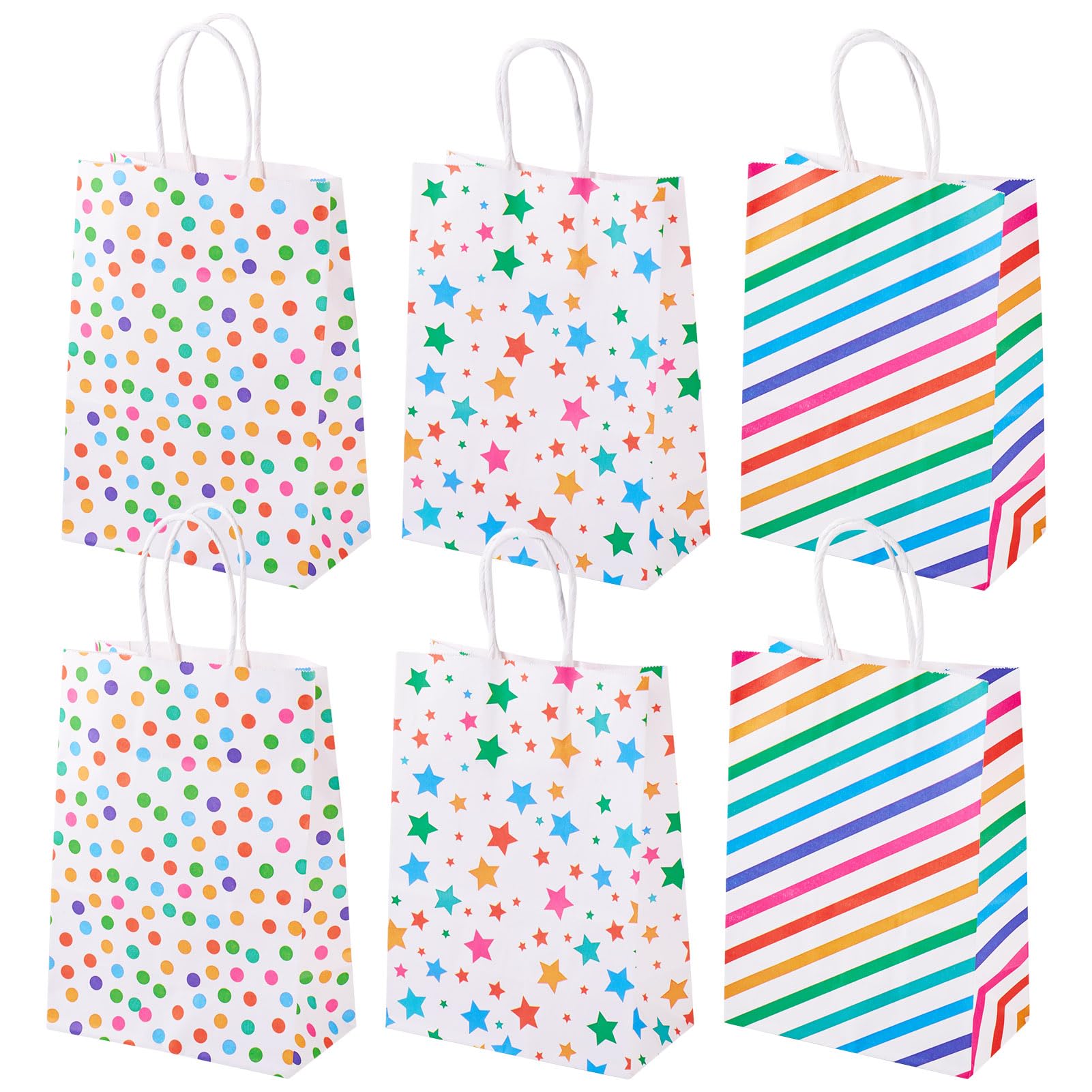 Crafans 12Pcs Polka Dot Printed Paper Bags with Handles Rainbow Colours Star/Striped Patterns Paper Present Bags Party Favour Tote Bag Carrier Bag for Birthday Present Wedding Party Favors — image 1