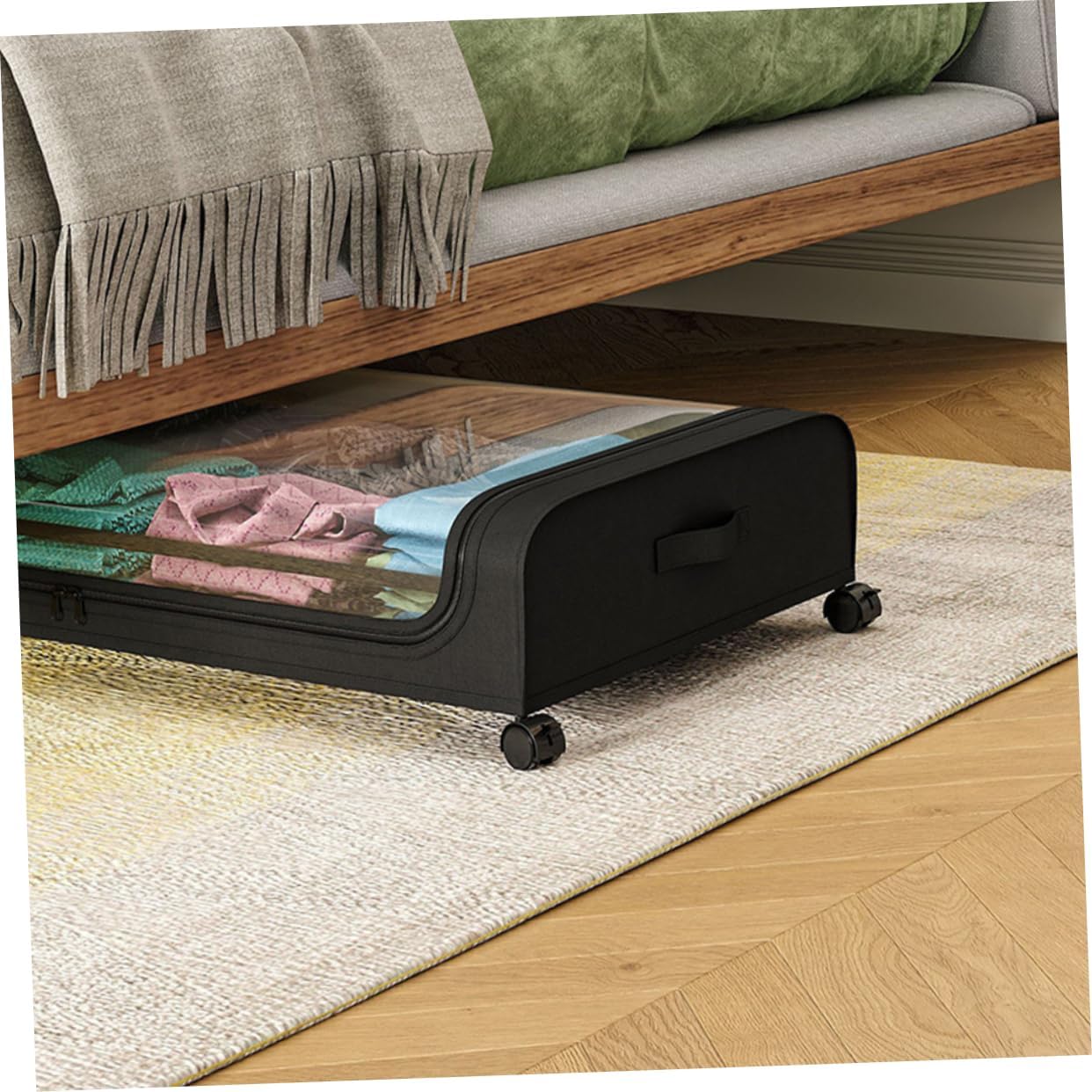 Vaguelly under Bed Storage Basket Wheels Capacity Clothes and Shoe Organizer Dust Container for Seasonal Clothing Toys and Books Sturdy Mesh Design Transparent Lid