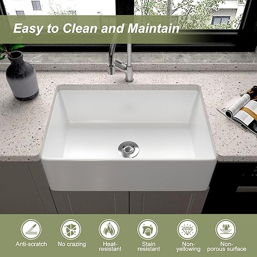 Miniatura 3 de HOROW HRSW Farmhouse - Fregadero de cocina de 30 pulgadas con rejilla inferior y colador, lavabo grande de porcelana de cerámica frontal de