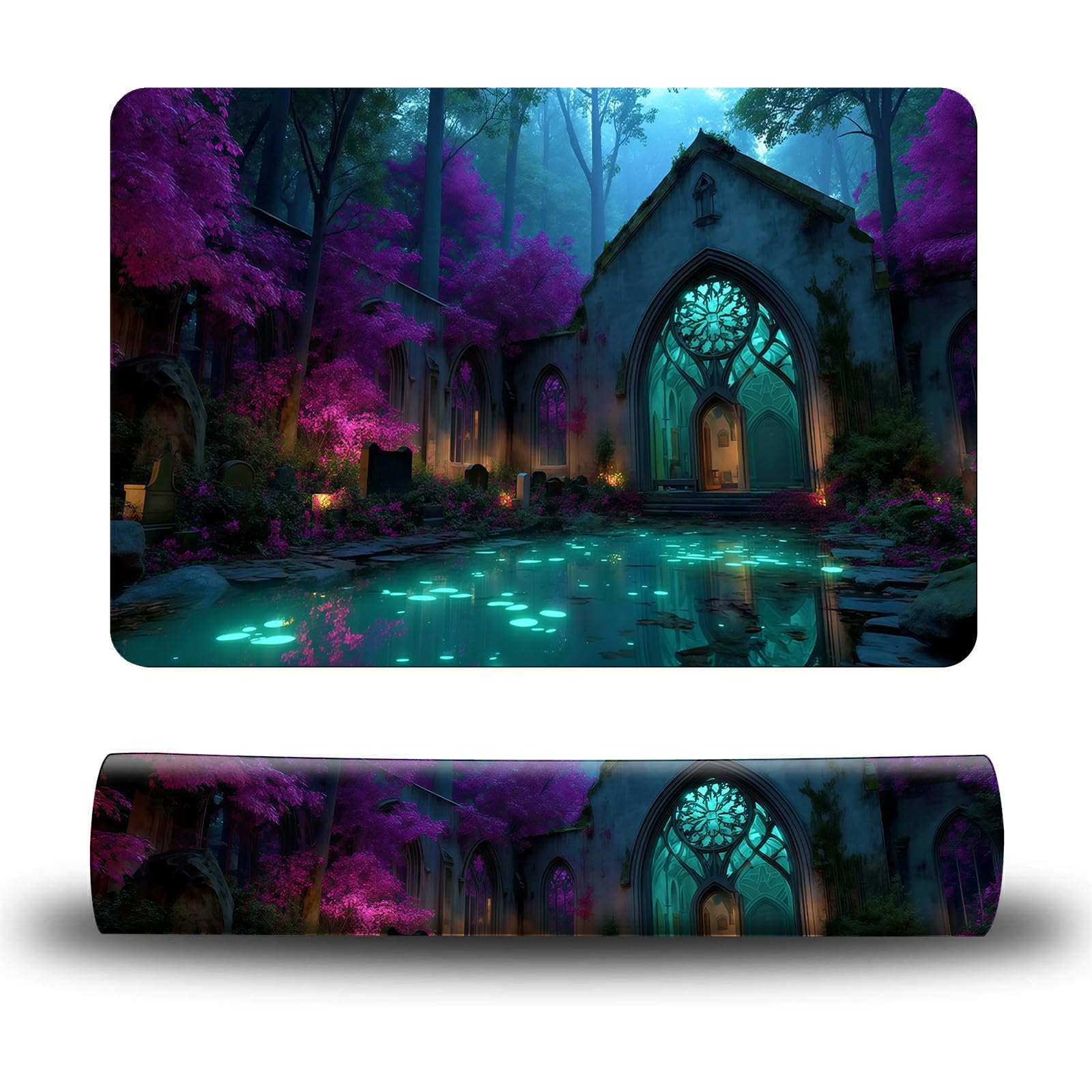 Dikoer Dog Food Mat, 15.7" x 23.6" Absorbent Pet Feeding Mat for Food and Water, Waterproof Diatom Mud Pet Placemat with Non-Slip Rubber Backing, Cat Bowl Mat for Floors - Purple Tree Forest