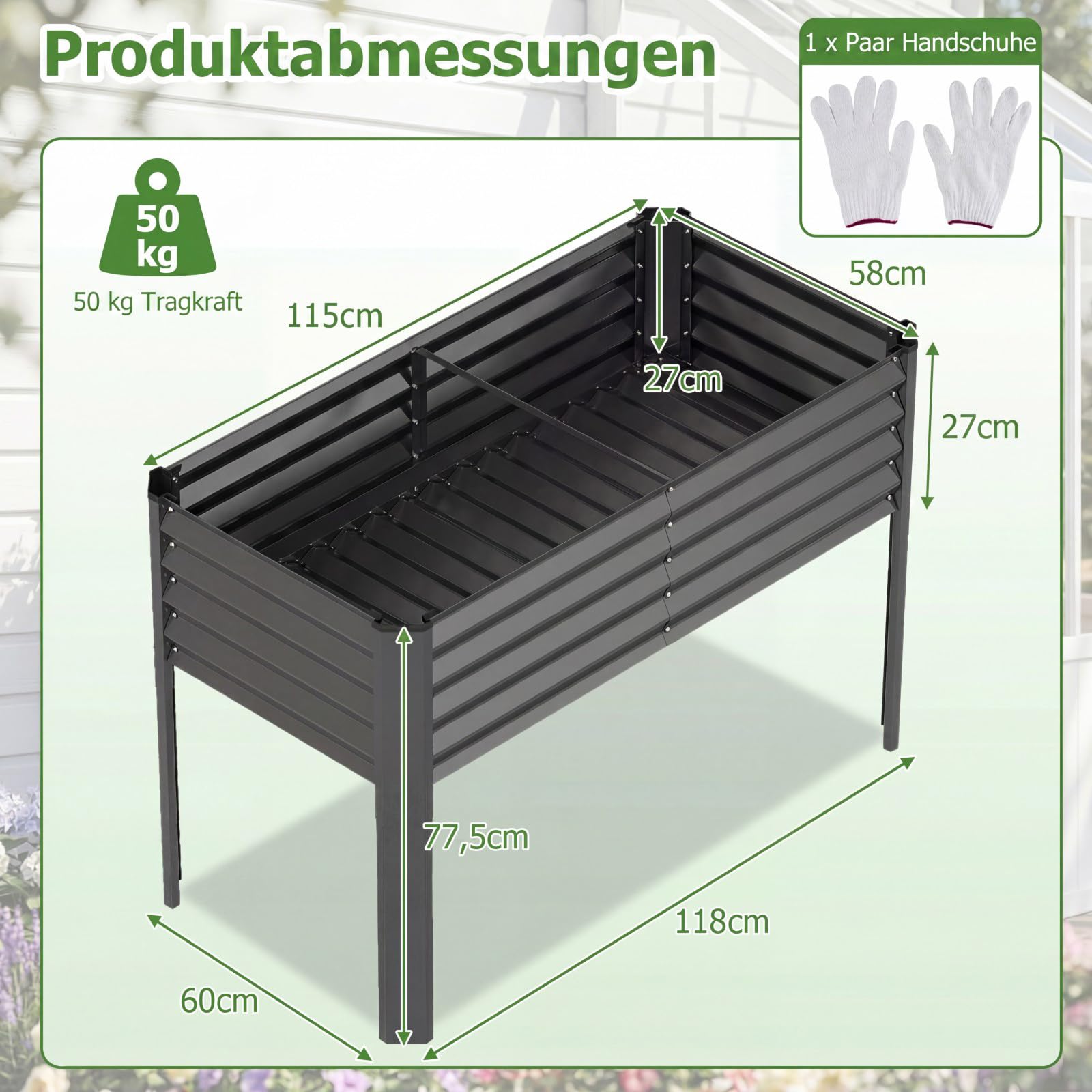 COSTWAY Podwyższona grządka ogrodowa, metalowa, podwyższona grządka ogrodowa do 50 kg, donica na rośliny z systemem odpływowym, na warzywa, owoce, kwiaty, zioła, na balkon, do ogrodu, na taras, 118 x