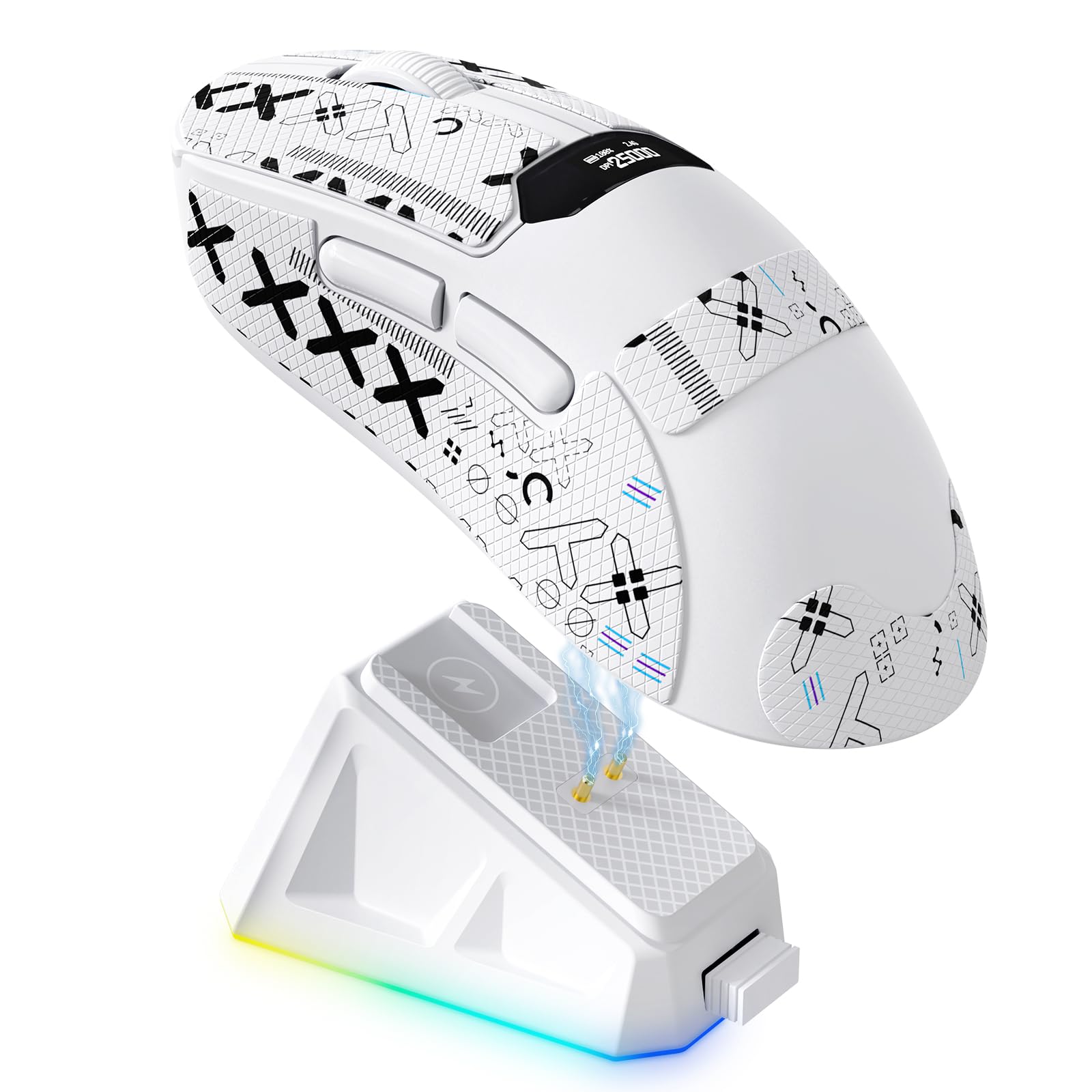 A.JAZZ x Magic-Refiner R1 Ratón Gaming con Base de Carga magnética, Sensor PixArt PAW3311, BT/2,4G Inalámbrico/Cableado con Pantalla, ratón 25000 dpi para Oficina y Jugadores,Blanco
