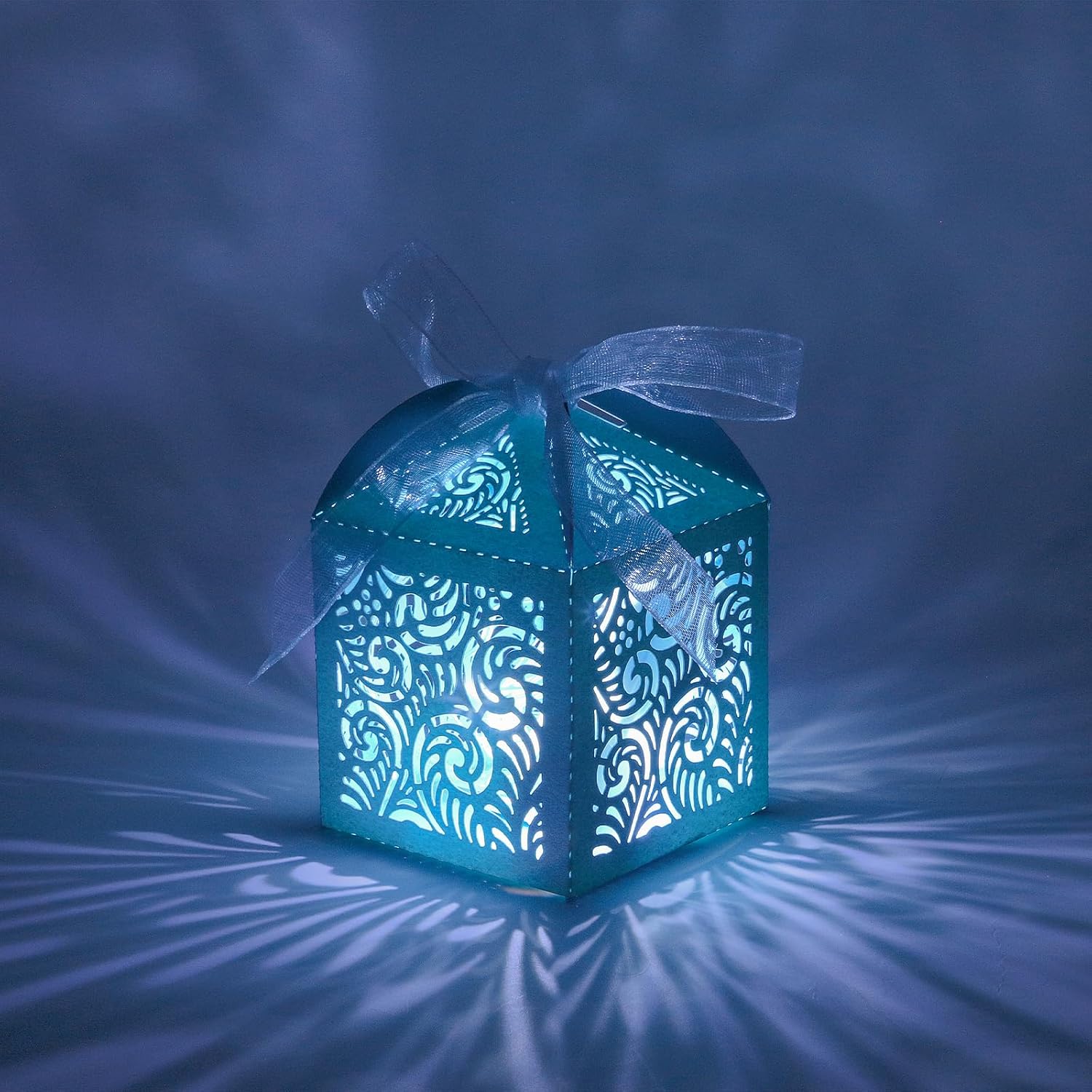 COTOPHER 100Pcs Laser Cut Favor Boxes, 2x2x2.75in Small Gift Boxes for Presents, Party Wedding Favors Boxes with Ribbon, Mini Candy Boxes for Event Bridal Shower Anniversary Birthday Christmas, Sky Blue - Image 3