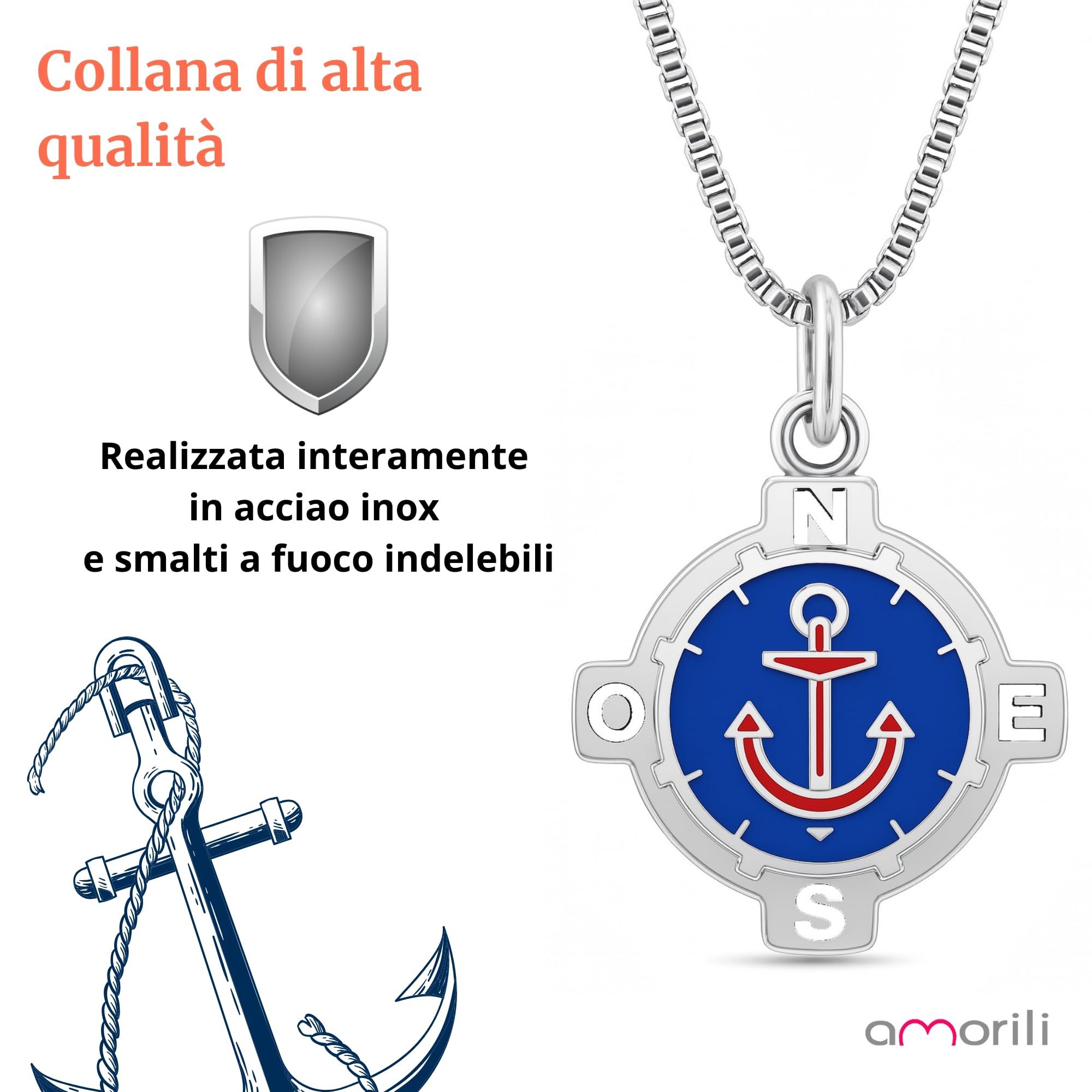 Collana Uomo Ancora Acciaio Inossidabile | Pendente Nautico con Smalti indelebili | Idea Regalo per Marinaio, Fidanzato, Papà | Stile Casual o Elegante cll0765c