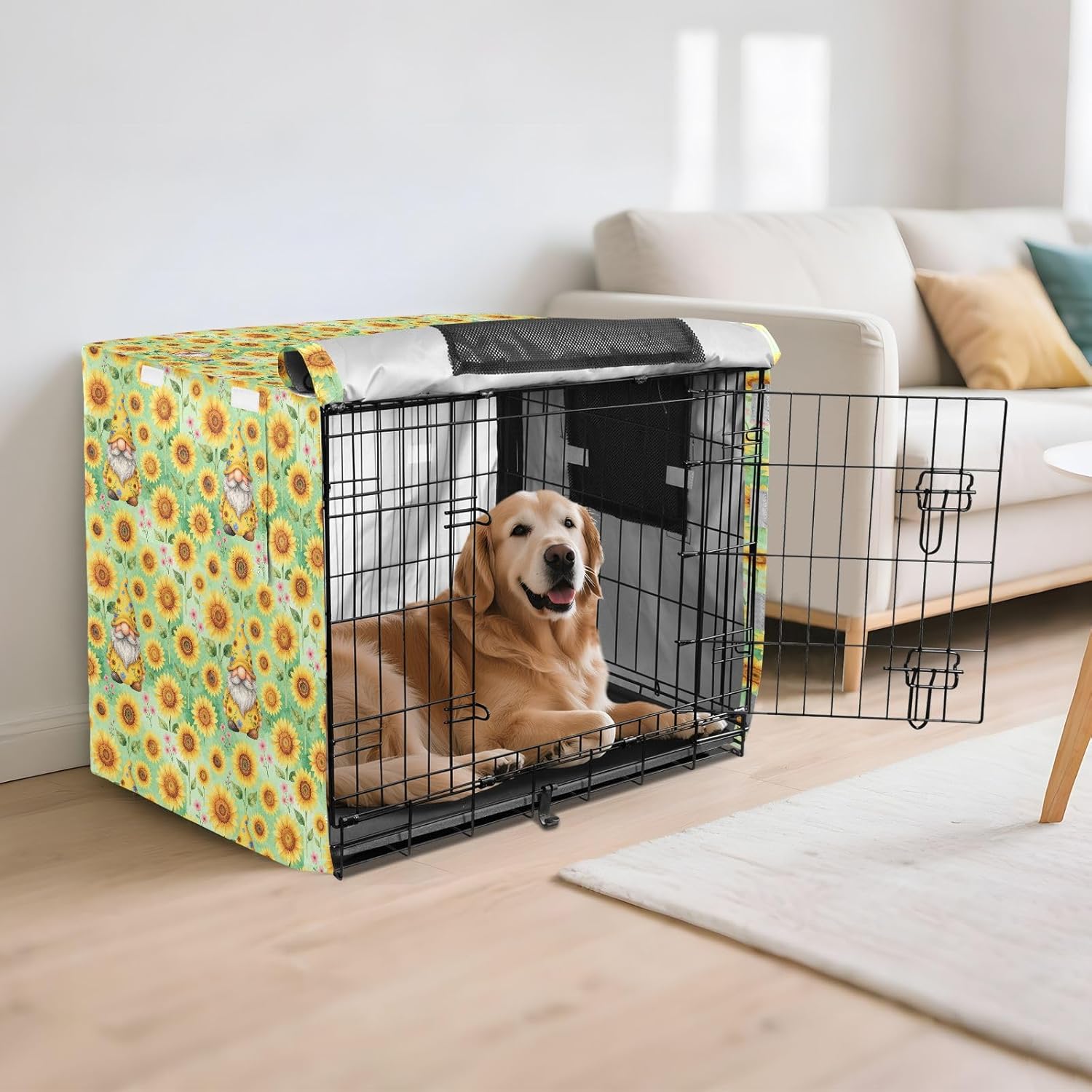 Sunflowers with Gnomes Crate Covers for Dogs Pet Privacy Cover with Roller Shades 48 Inch