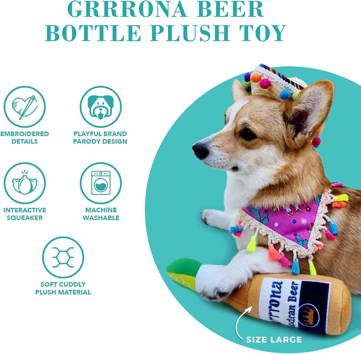 Haute Diggity Dog Grrrona Beer Bottle, Plush Designer Dog Toys with Interactive Squeaker, Stimulating Pet Enrichment, Machine-Washable & Safe Materials for All Breeds, Size XL
