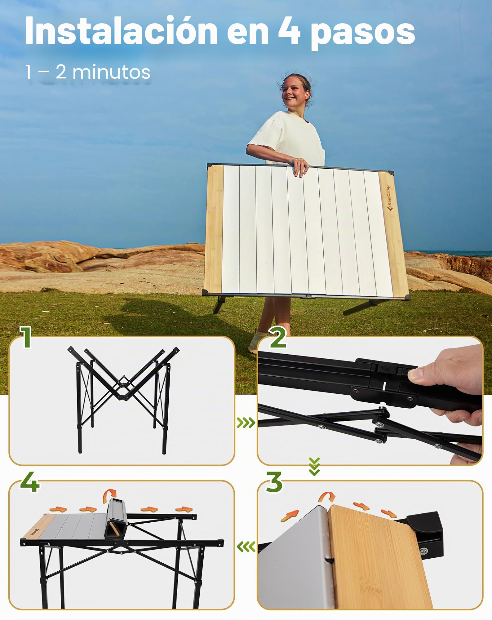KingCamp - Mesa de camping plegable con marco de aluminio - Superficie enrollable (136 x 70 cm) para 4 a 6 personas - Mesa de camping plegable con bolsa de transporte - Carga máxima: 80 kg - Plateado