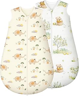 2er Pack Schlafsack Baby 1.5 TOG, 100% Baumwolle Babyschlafsack Neugeborene im 6-12 Monate, Perfekte für Frühling Herbst Winter (Beiger Elefant)