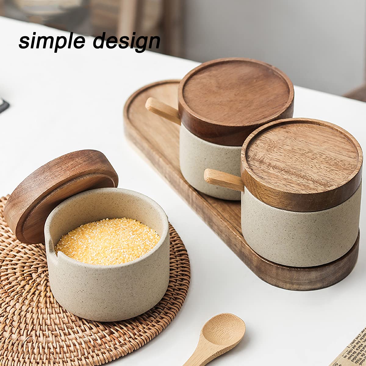 Tarros de almacenamiento de especias, tarros de especias, recipientes for condimentos, juego de condimentos, ollas de cerámica con cucharas, bandeja for servir y tapas de bambú, ideal for té suelto, e