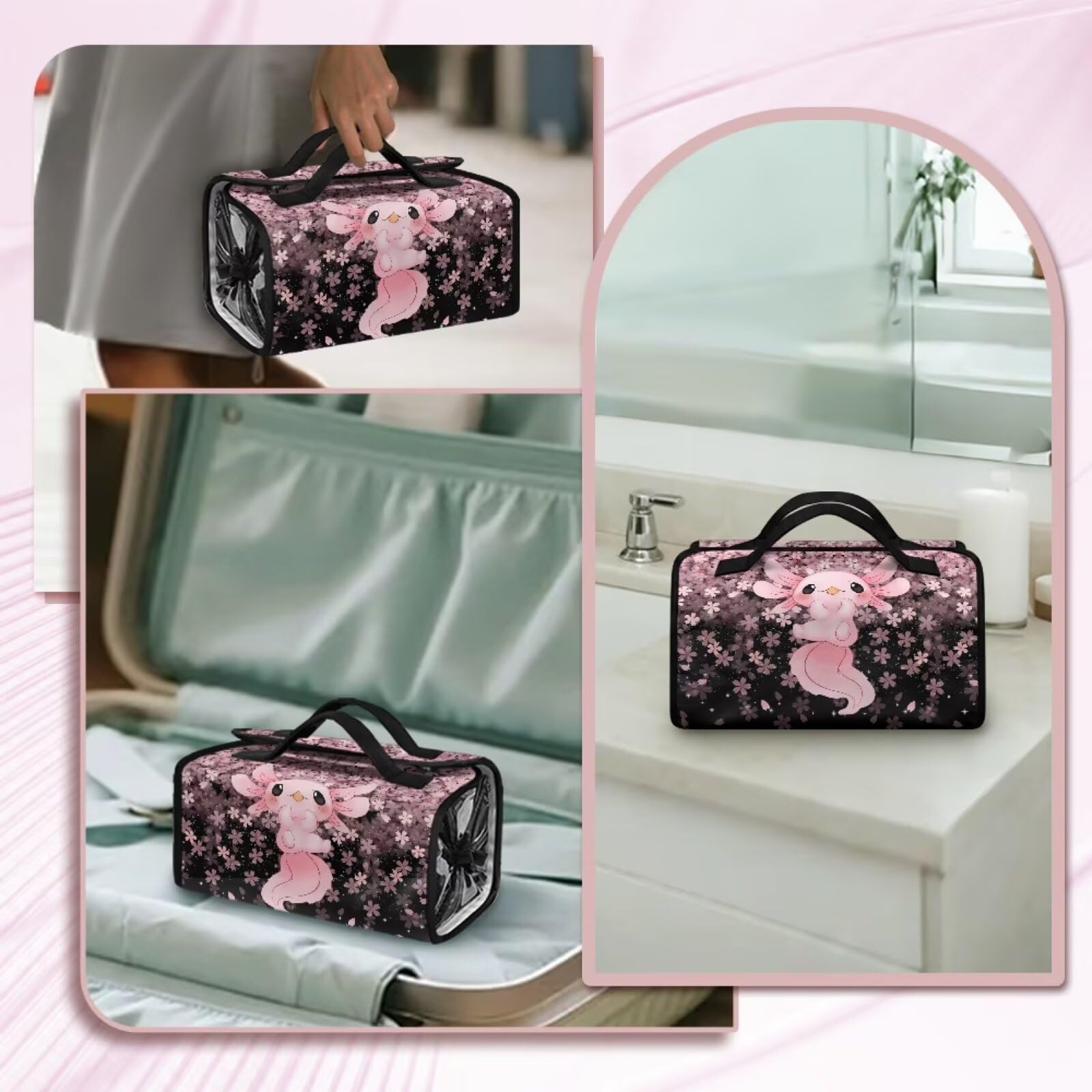 Dngkaoje Cute Axolotl Hanging Roll Up Makeup Bag for Women Girls Travel Pouches for Toiletries Kawai Axolotl Travel Toiletries Cases Multifunctional Organizer with 4 Removable Compartments - Image 2