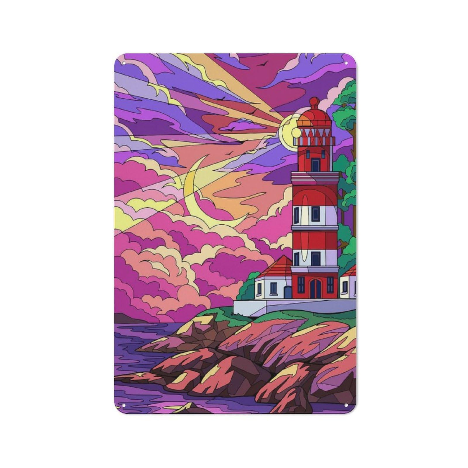 Understated Vibrant Lighthouse at Sunset Metal Wall Plaque 30x20cm, Creative Space Decor for Office, Study, Studio Or Hallway