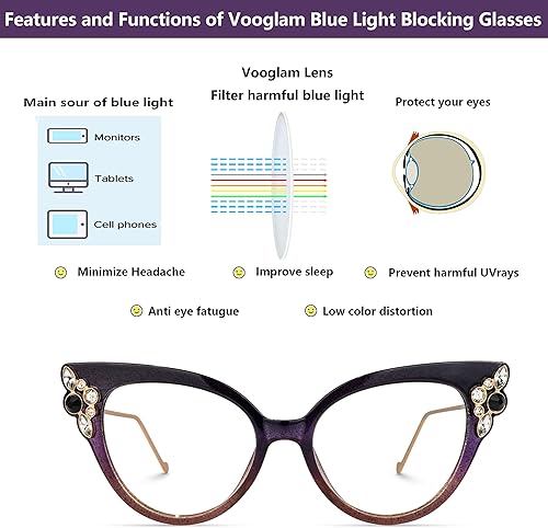 Miniatura 3 de VOOGLAM Gafas de gran tamaño con diseño de ojo de gato sin receta para mujer, luz azul y bloqueo UV400, marcos elegantes TR90 para