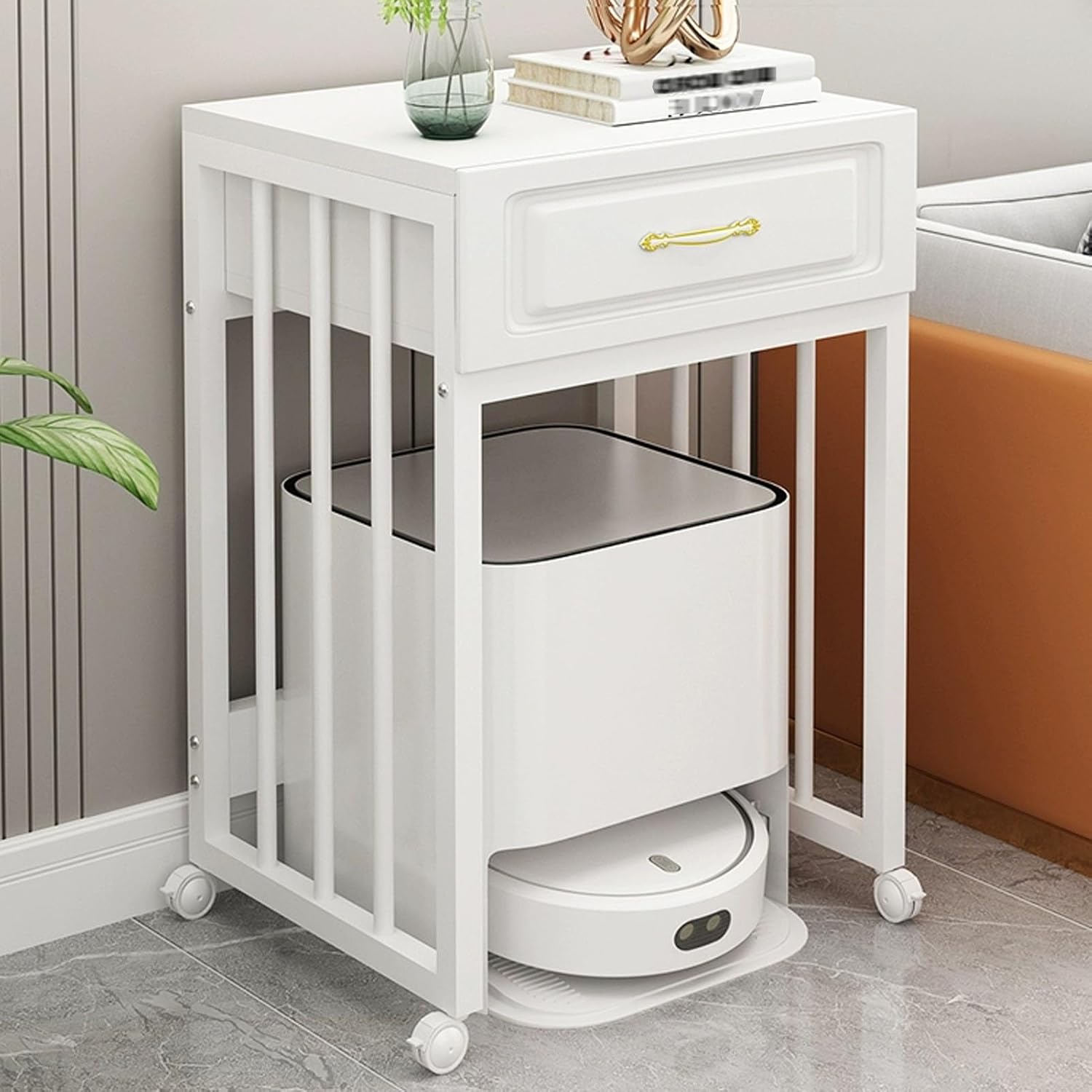 JKGHK Sweeping Robot Stand Rack, Robot Vacuum Stand Cabinet with 360° Casters, Robots Vacuum Nightstand with Drawer, Multi-Tier Side Table for Living Room, Home, Office(Black,50cm/20in)