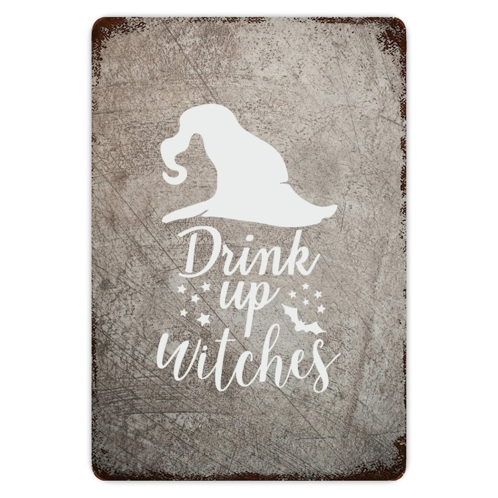 ENEDNATE Halloween Metal Sign,Drink Up Witch Aluminum Tin Metal Sign for Indoor Outdoor Business Retail Store Patio Yard Home Decoration Easy to Mount Wall Art Print Poster 8x12 Inch