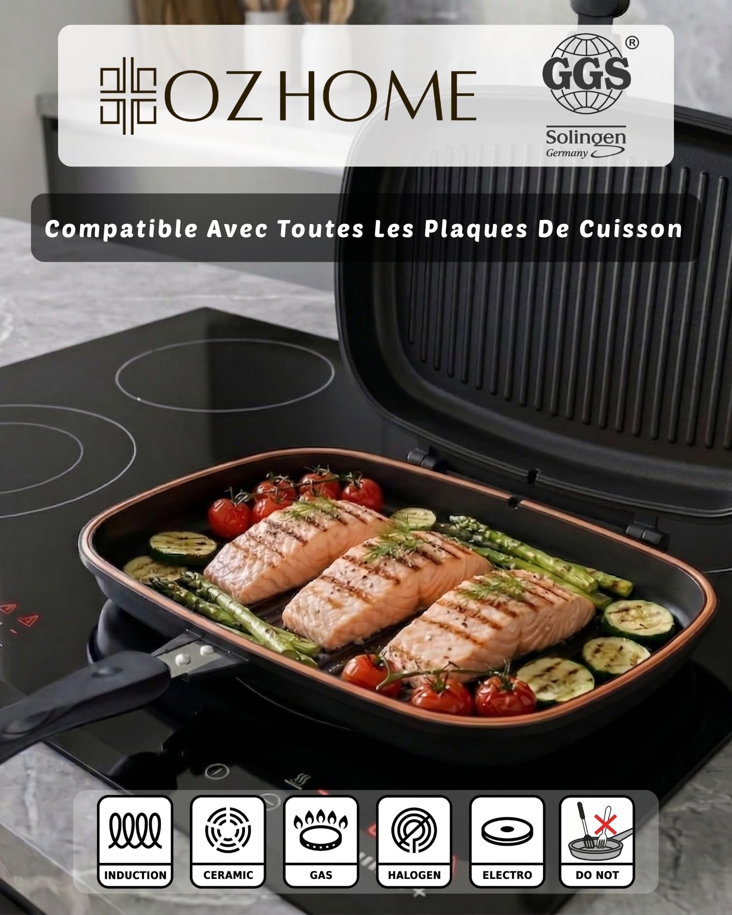 GGS Colection Poele Grill Et Poisson Double Face 38x25.5cm - Poele Grill Induction Et Tout À Feux, Poele Anti Adhesive en PTFE- Poele A Griller Avec Fermeture Magnétique & 2 Bandes D’étanchéité
