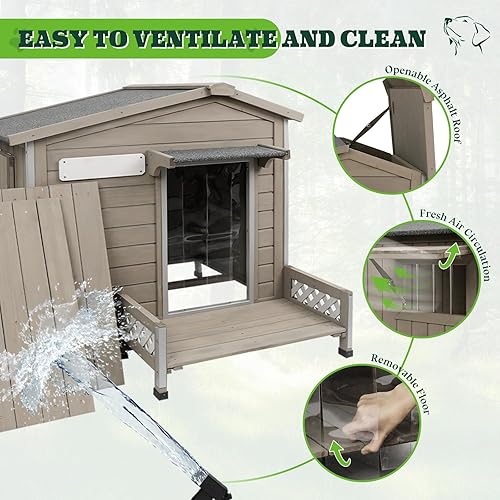 Miniatura 5 de Casa para Perros de Exterior Resistente a la Intemperie y Perrera para Perros de Interior de Madera con Marco de Hierro a Prueba de Mordidas, Piso