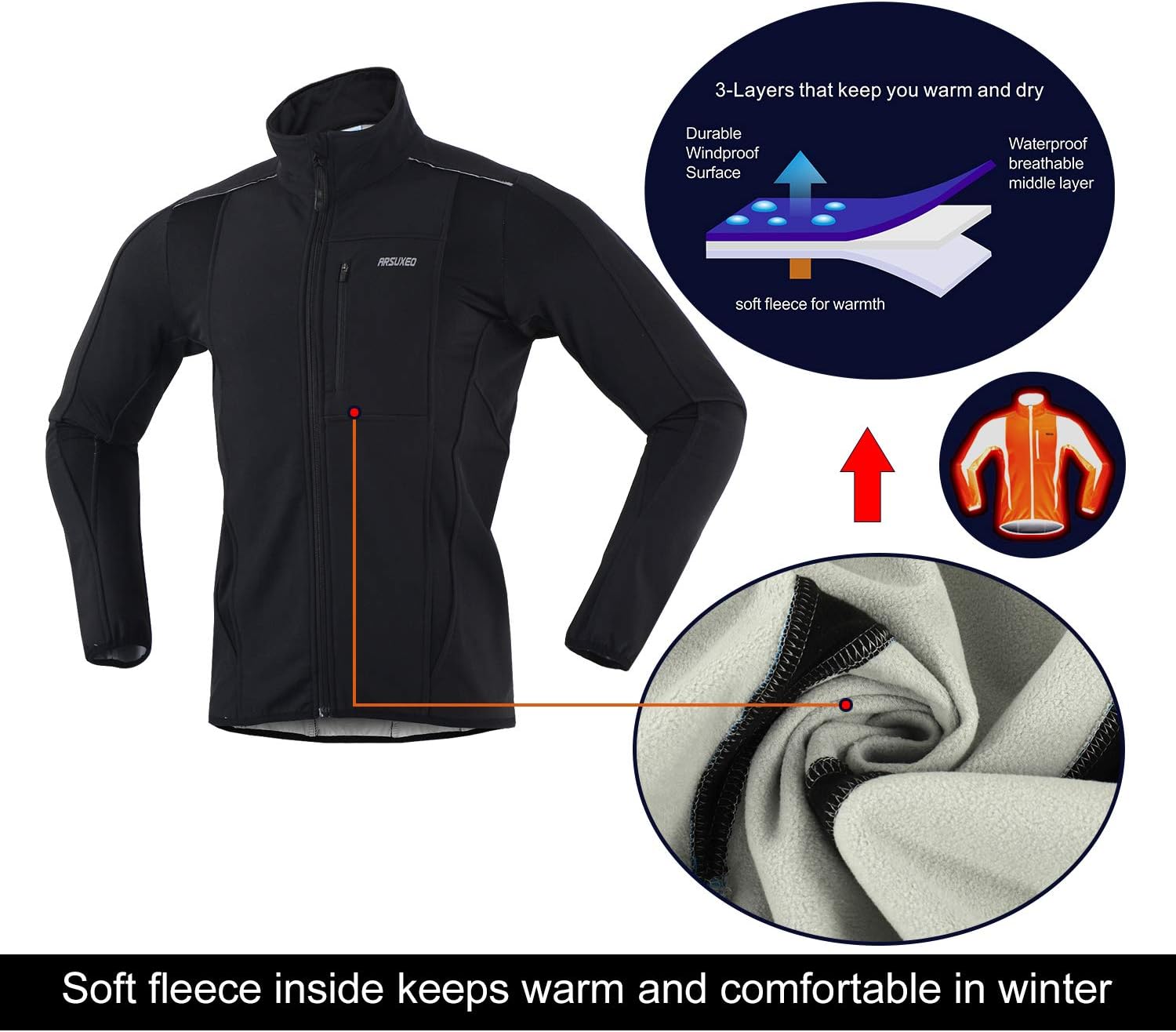 ARSUXEO Winter Warm UP Thermal Softshell Cycling Jacket Windproof Waterproof 15-k - Image 3