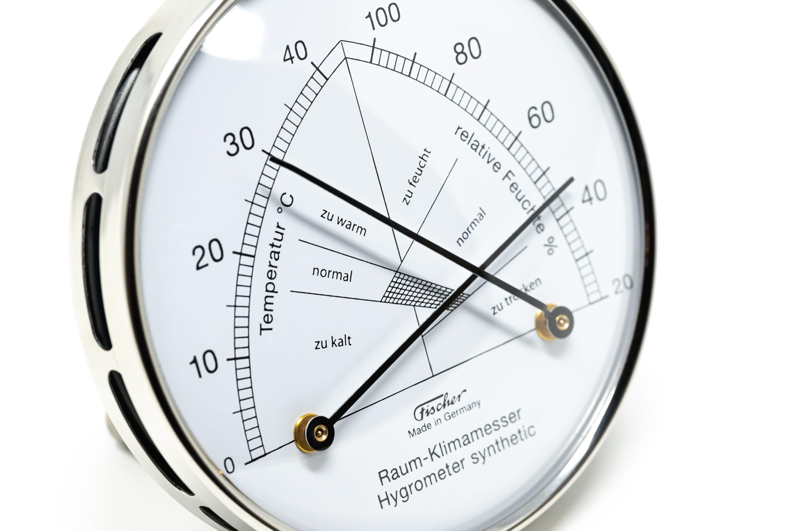 Fischer 142.01-01, Raum-Klimamesser, Thermohygrometer, Made in Germany | Synthetic-Hygrometer u. Bimetall-Thermometer mit Edelstahl-Pins, Messbereich 20-100 % r. F. und 0-40 °C