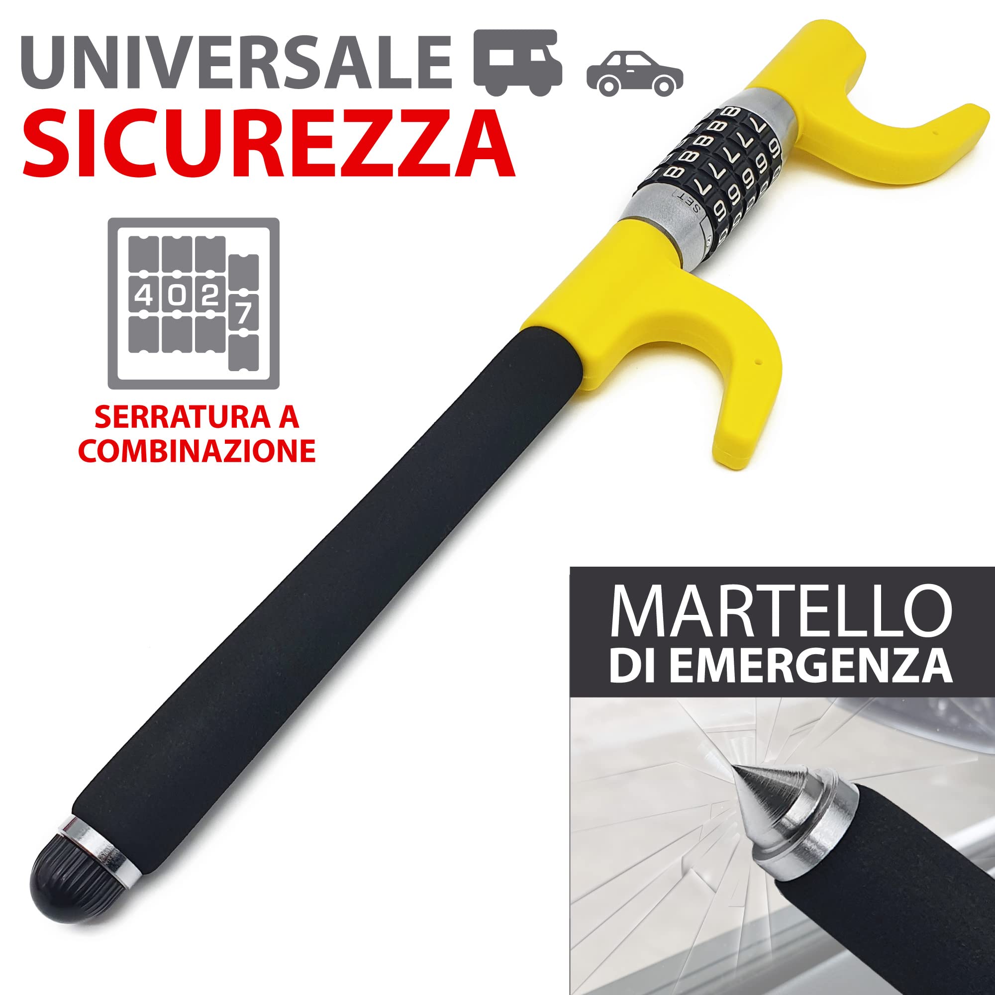 KRASER KR940B Antifurto Auto con Codice Massima Sicurezza, Blocca Sterzo Giallo Più Visibile e Deterrente, Robusto Blocca Volante con Martello Emergenza, Bloccasterzo Universale Automobile Camper