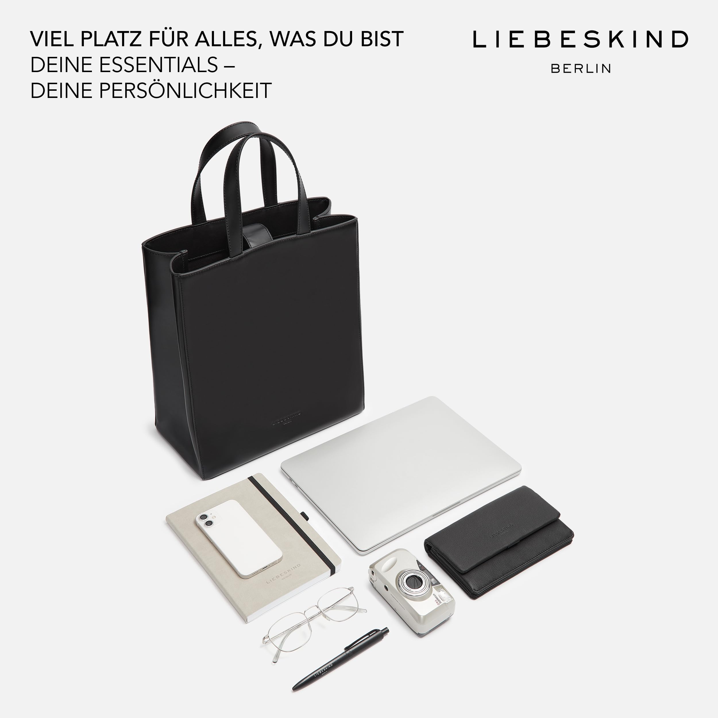 Liebeskind Berlin „Paper Bag M“ – Tote Tasche aus Leder mit Jacquard-Schultergurt und Logodetails – Damen-Tasche – Leder Handtasche Damen – Women’s Tote Bag