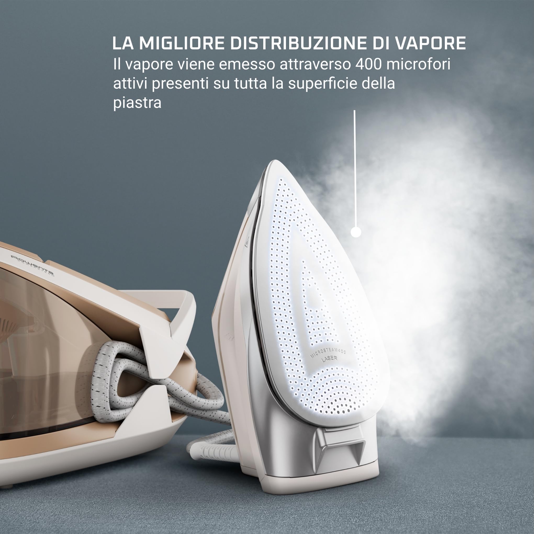 Rowenta Turbosteam Generatore di Vapore Compatto e Potente con Piastra MicroSteam400 e Serbatoio XL da 1,7L, Con Modalità Eco e Stiratura Verticale, VR8326